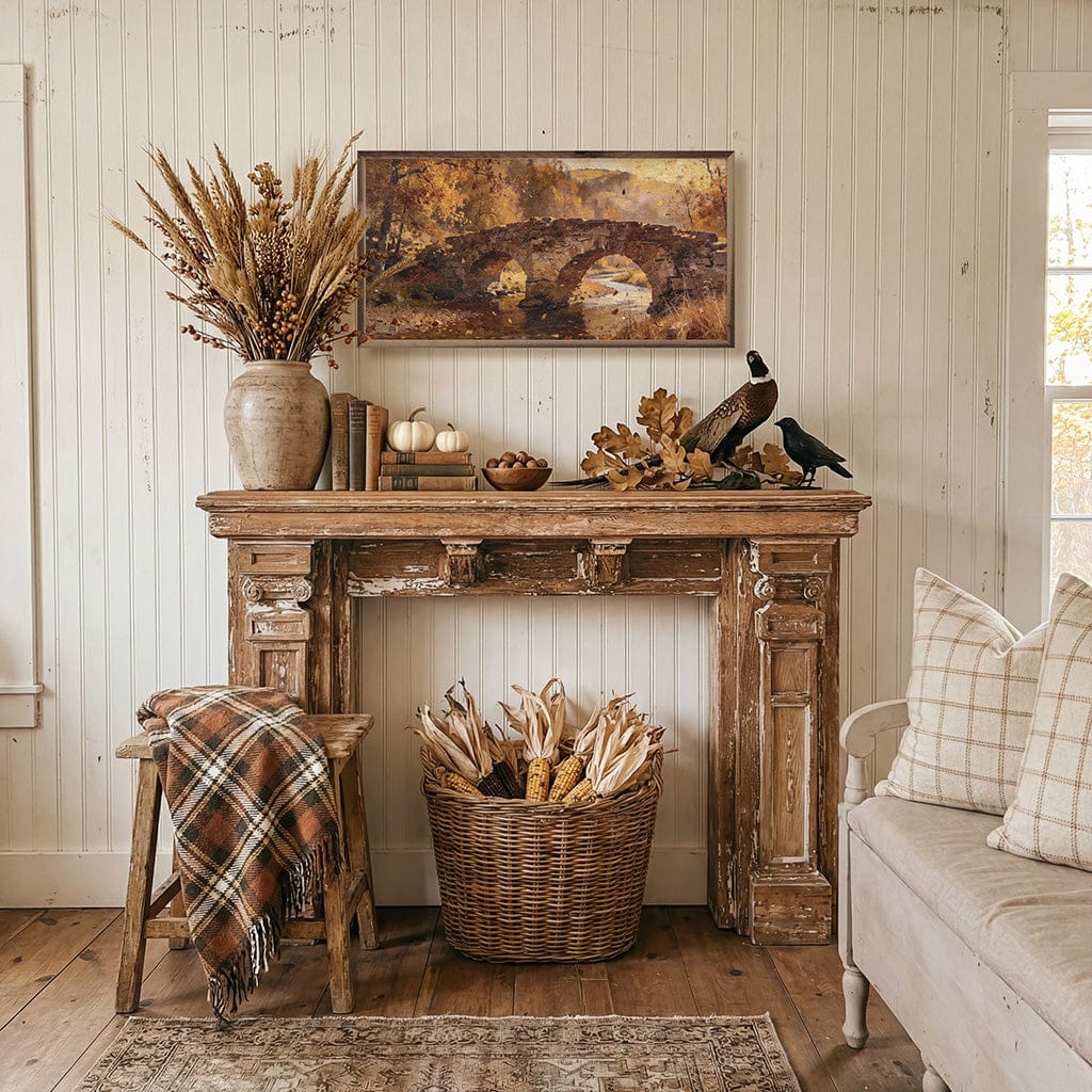 Kendrick Home Walnut Frames Stone Bridge In Autumn Printed and Framed Wall Sign