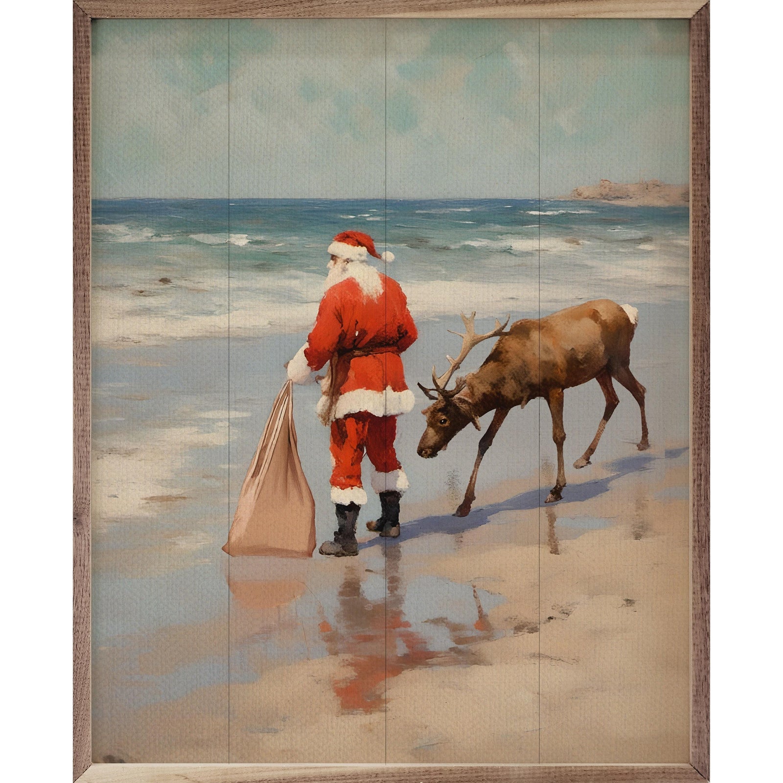 Kendrick Home Walnut Frames 8x10 Stroll On The Beach Santa Printed and Framed Wall Sign