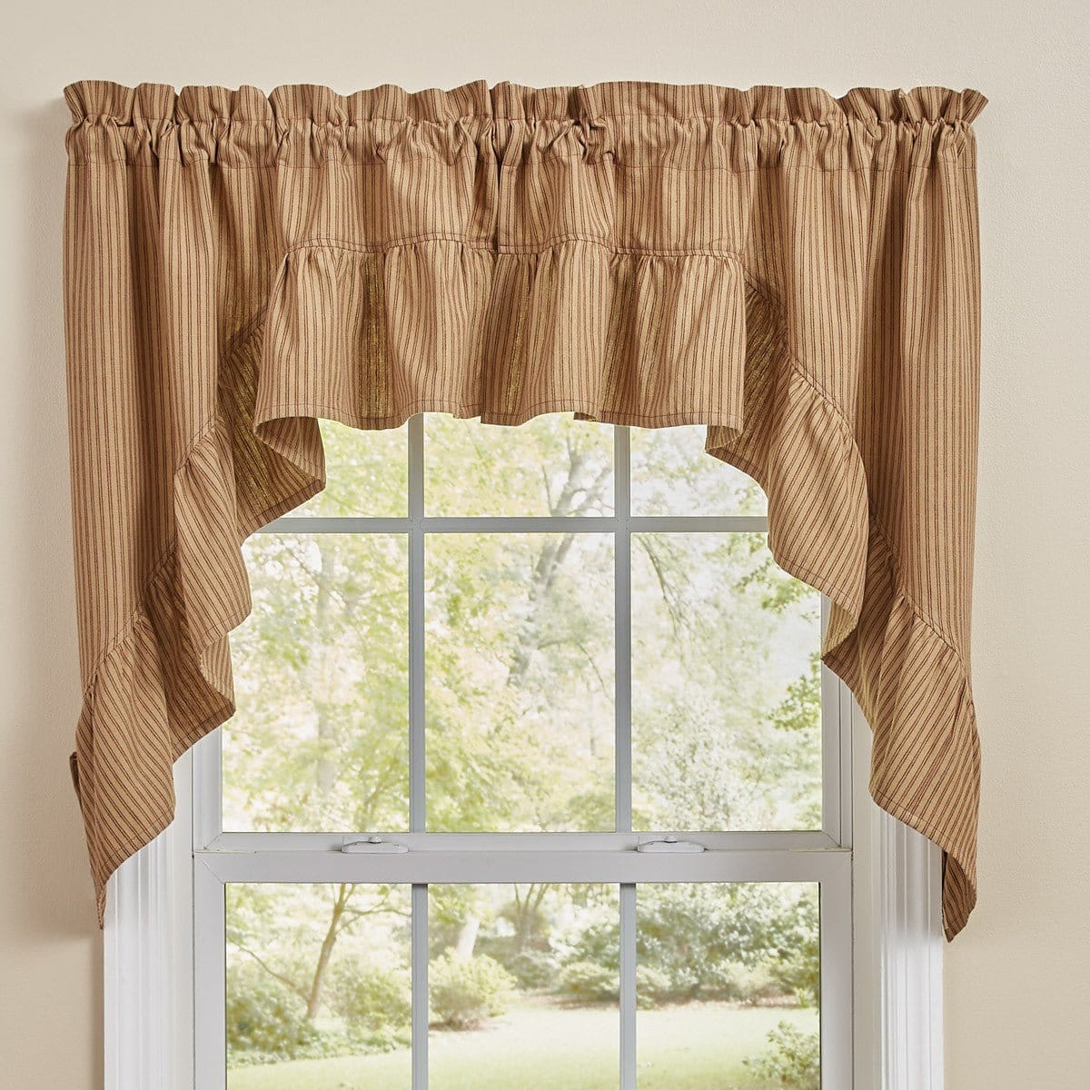 Sturbridge in Wine Ticking Ruffled Swag Pair 36&quot; Long Unlined-Park Designs-The Village Merchant
