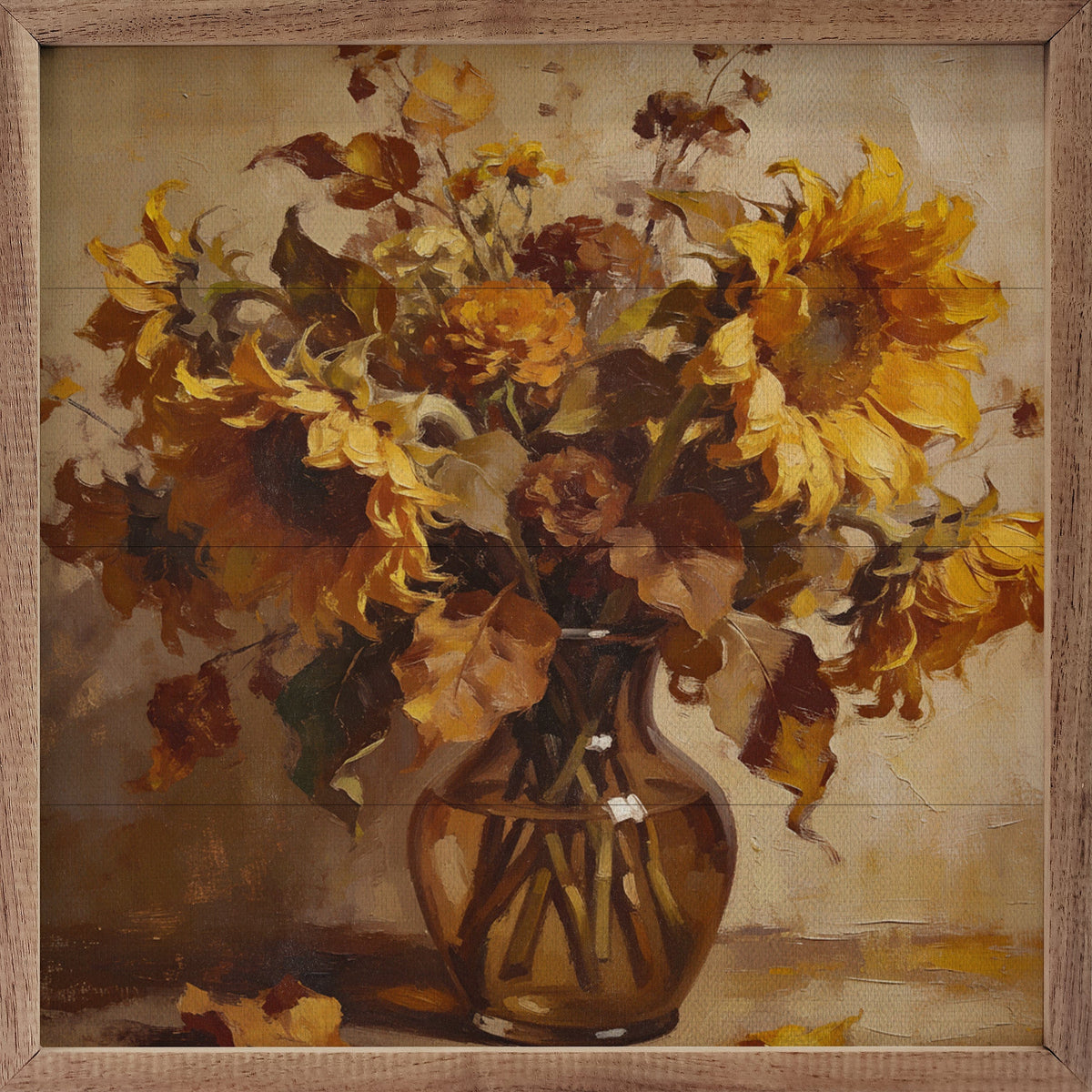 Kendrick Home Walnut Frames 4x4 Sunflower Harvest Bouquet Printed and Framed Wall Sign