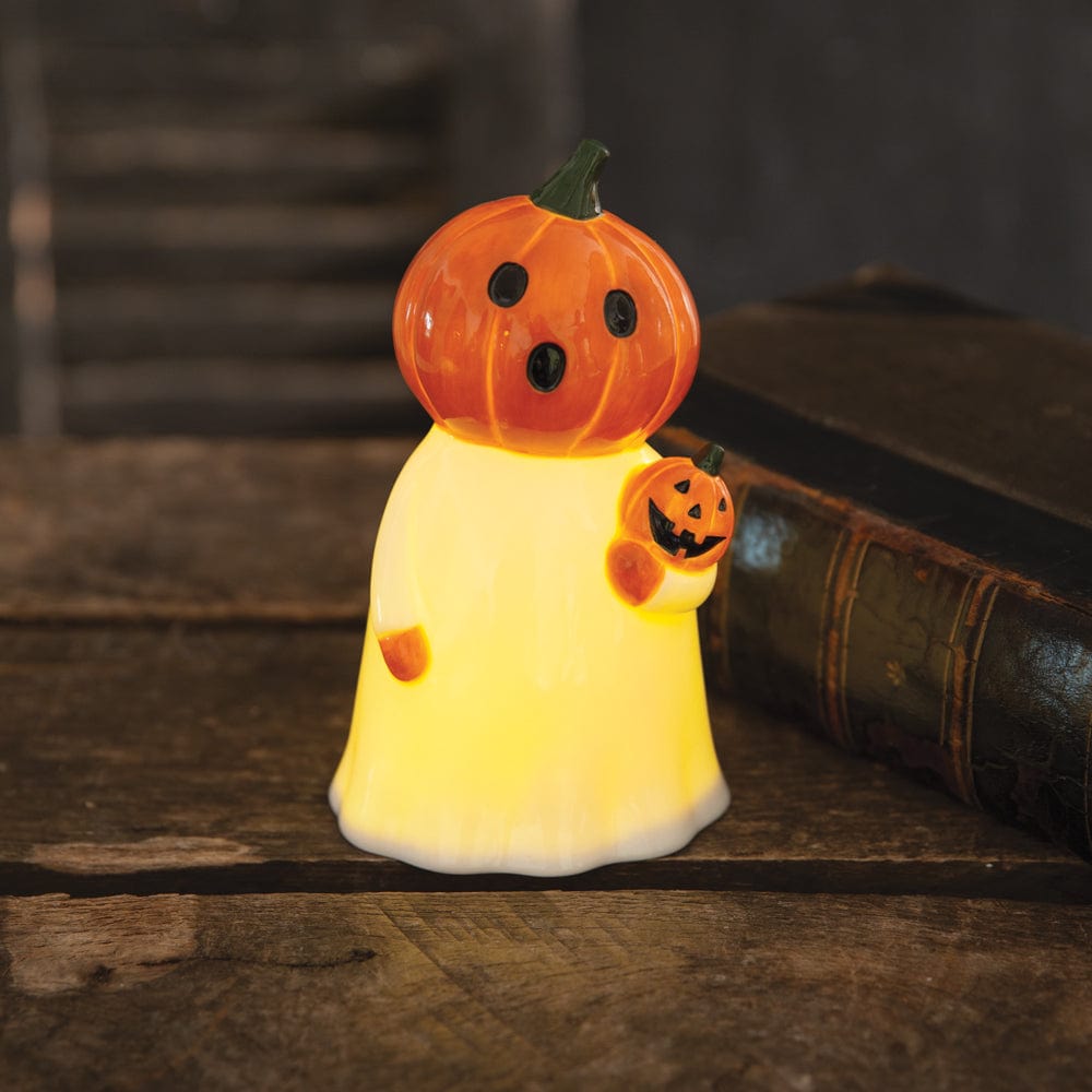 Surprised Pumpkin Ghost Glowing Figurine