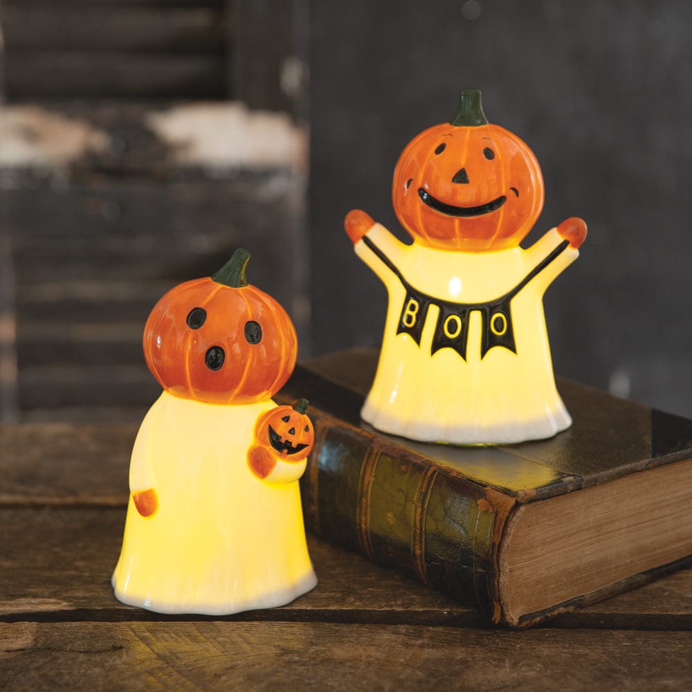 Surprised Pumpkin Ghost Glowing Figurine