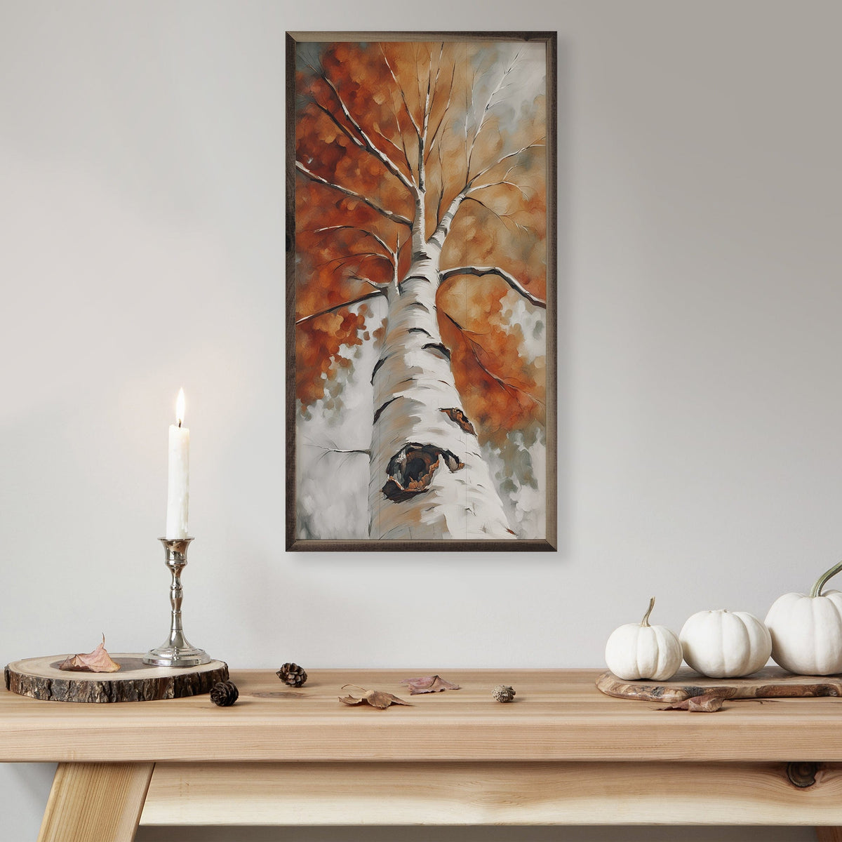 Kendrick Home Walnut Frames Tall Fall Birch Tree Printed and Framed Wall Sign
