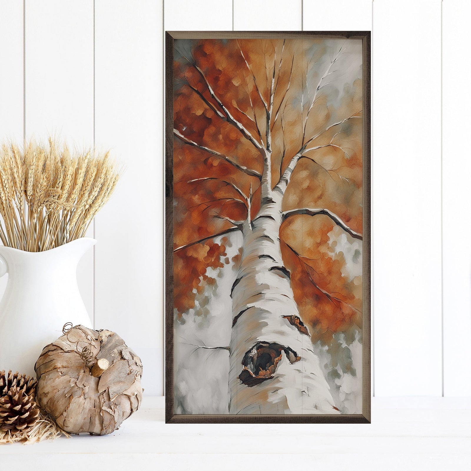 Kendrick Home Walnut Frames 8x16 Tall Fall Birch Tree Printed and Framed Wall Sign