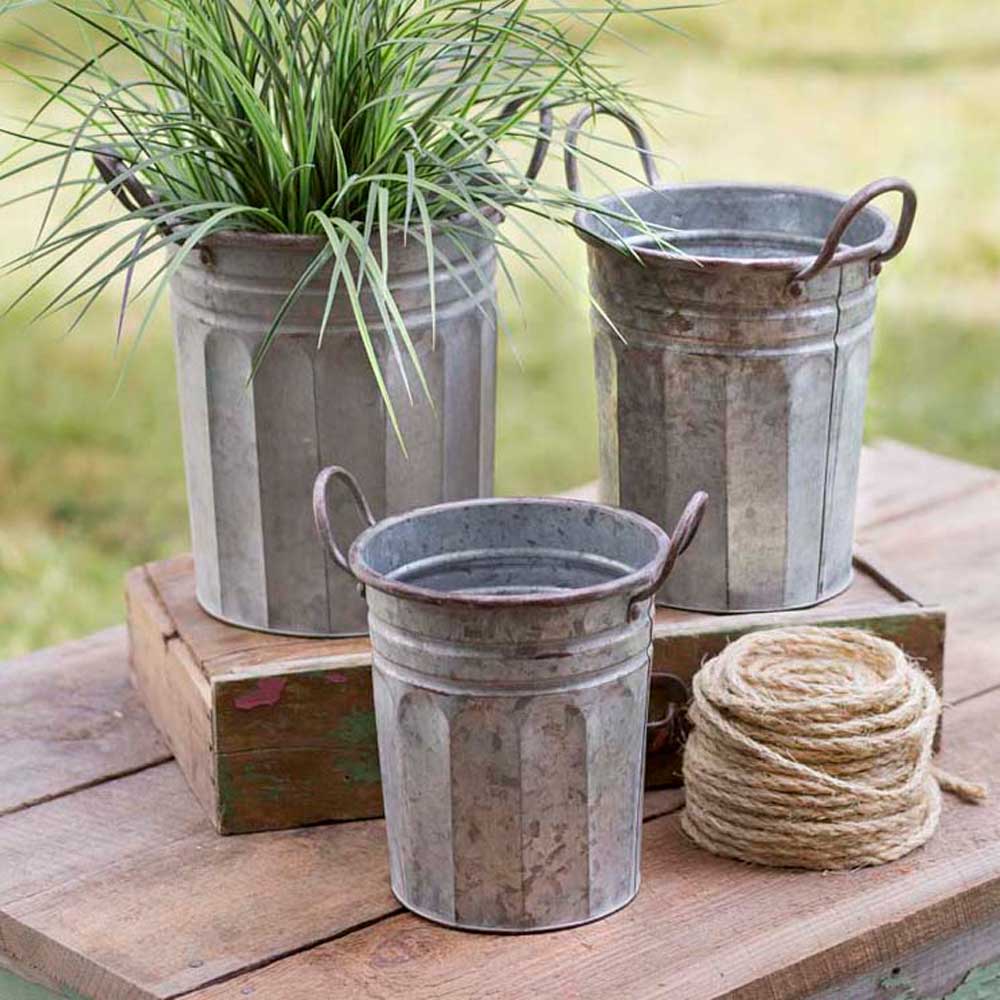 Tall Garden Corrugated Galvanized Metal Pail / Bucket With Loop Handles Round Set of 3-CTW Home-The Village Merchant