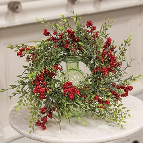Teeny Leaves and Red Berries Candle Ring / Wreath 4" Inner Diameter