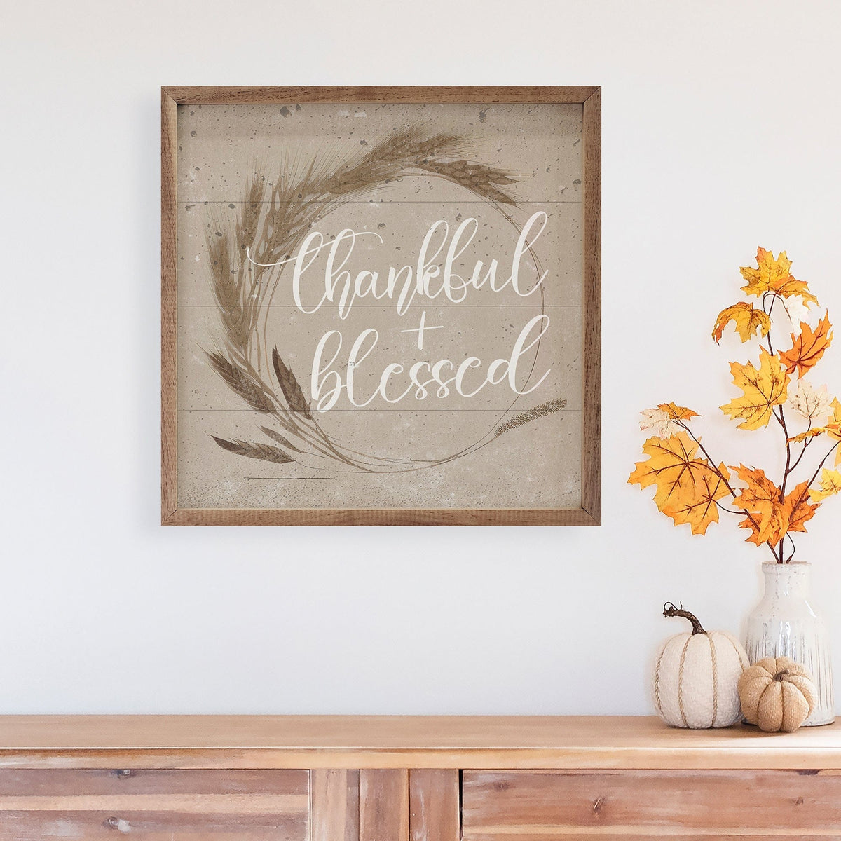 Kendrick Home Walnut Frames Thankful And Blessed Wreath Tan Printed and Framed Wall Sign