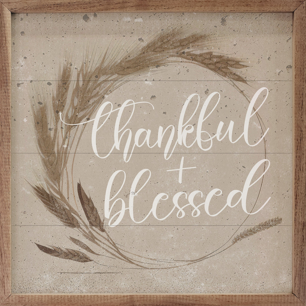 Kendrick Home Walnut Frames 4x4 Thankful And Blessed Wreath Tan Printed and Framed Wall Sign