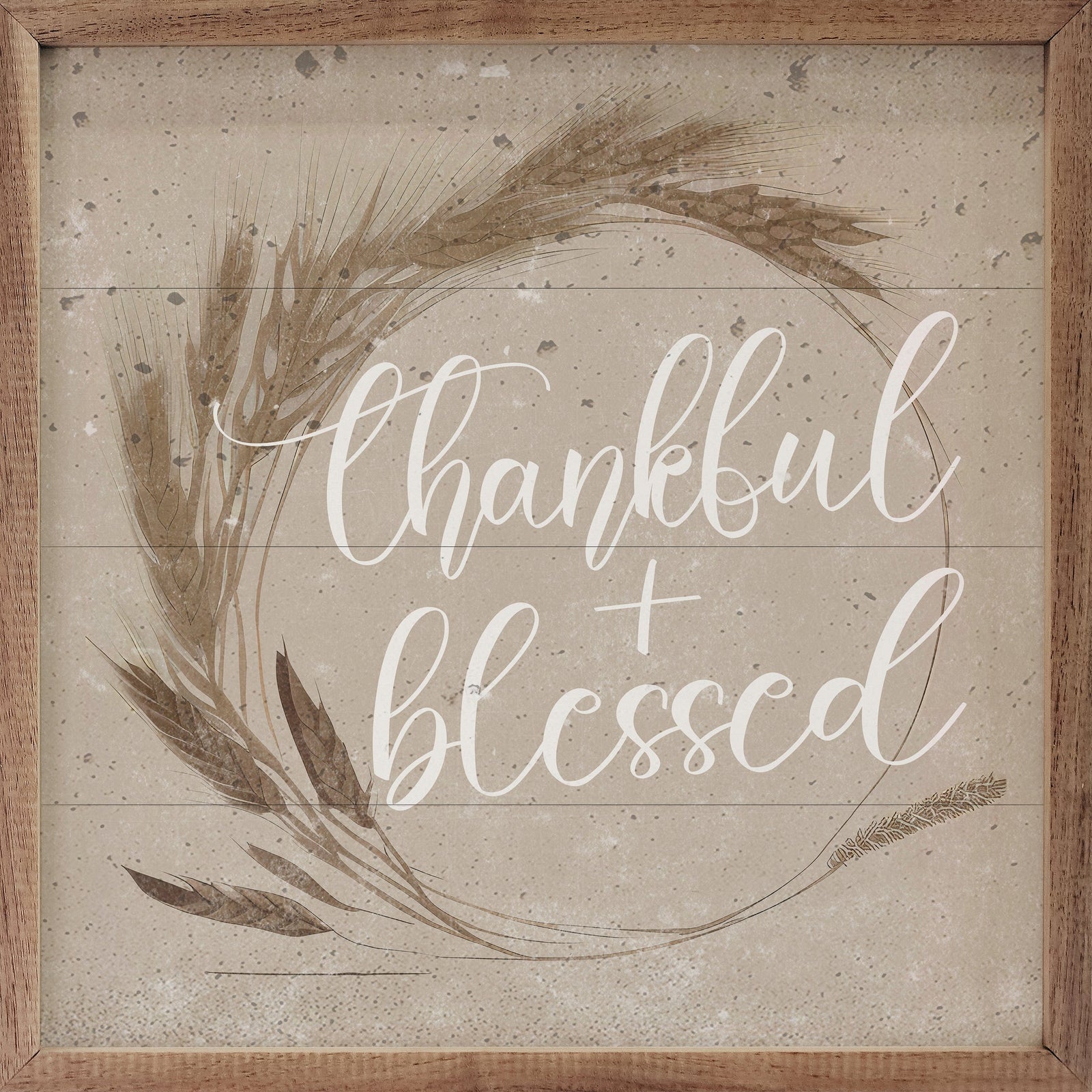 Kendrick Home Walnut Frames 4x4 Thankful And Blessed Wreath Tan Printed and Framed Wall Sign
