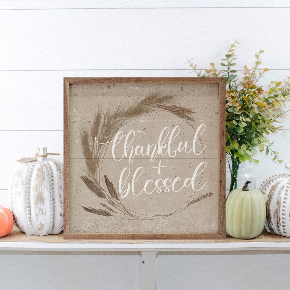 Kendrick Home Walnut Frames Thankful And Blessed Wreath Tan Printed and Framed Wall Sign