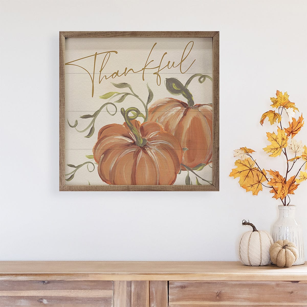 Kendrick Home Walnut Frames Thankful Pumpkins By Nina Blue Printed and Framed Wall Sign