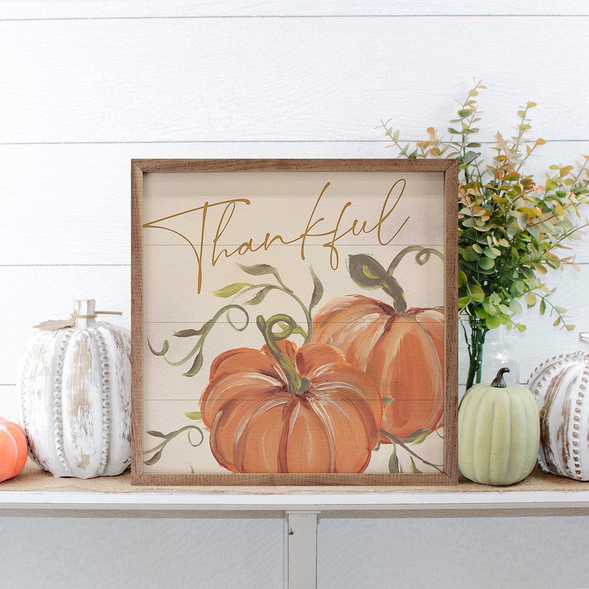 Kendrick Home Walnut Frames Thankful Pumpkins By Nina Blue Printed and Framed Wall Sign
