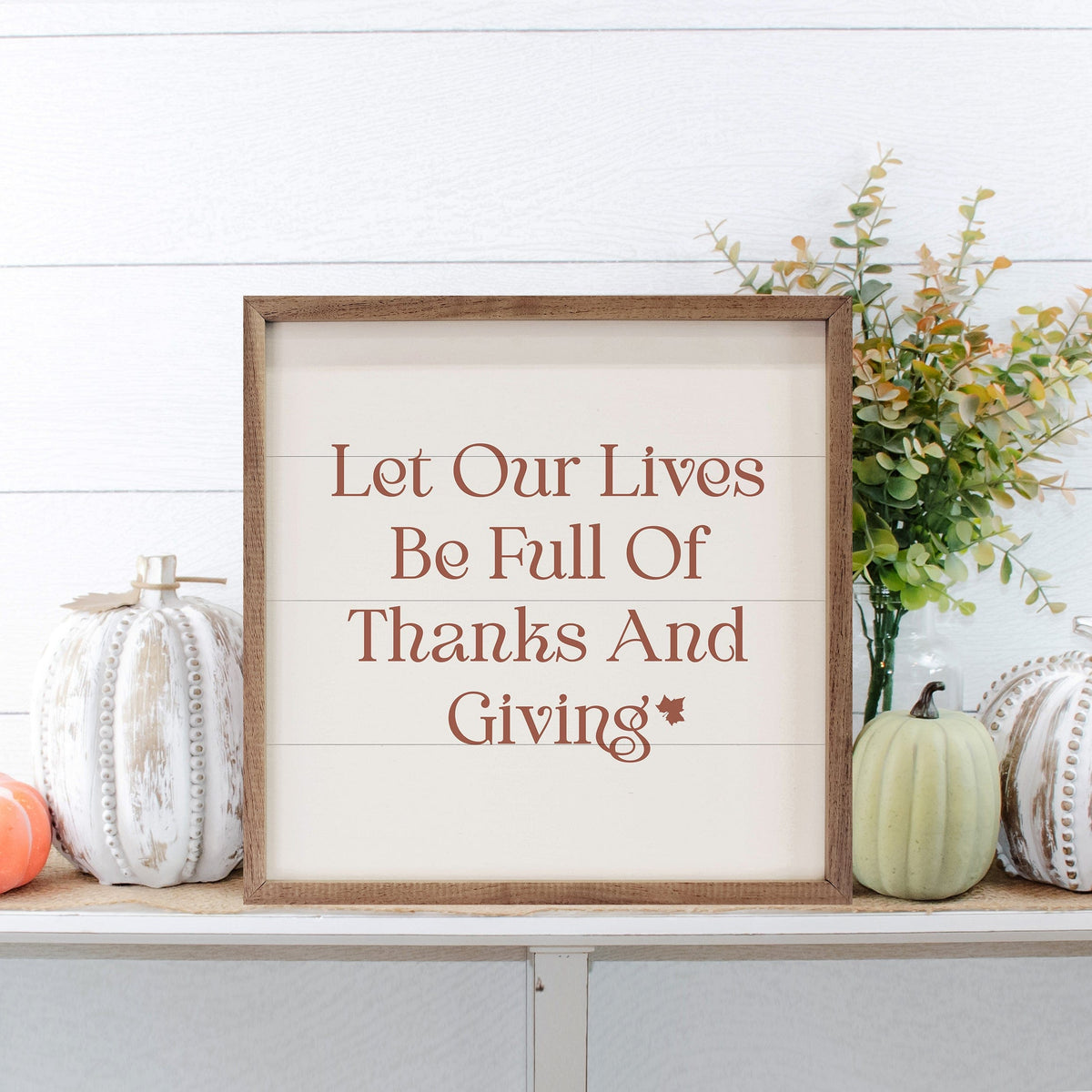 Kendrick Home Walnut Frames Thanks And Giving Leaf White Printed and Framed Wall Sign