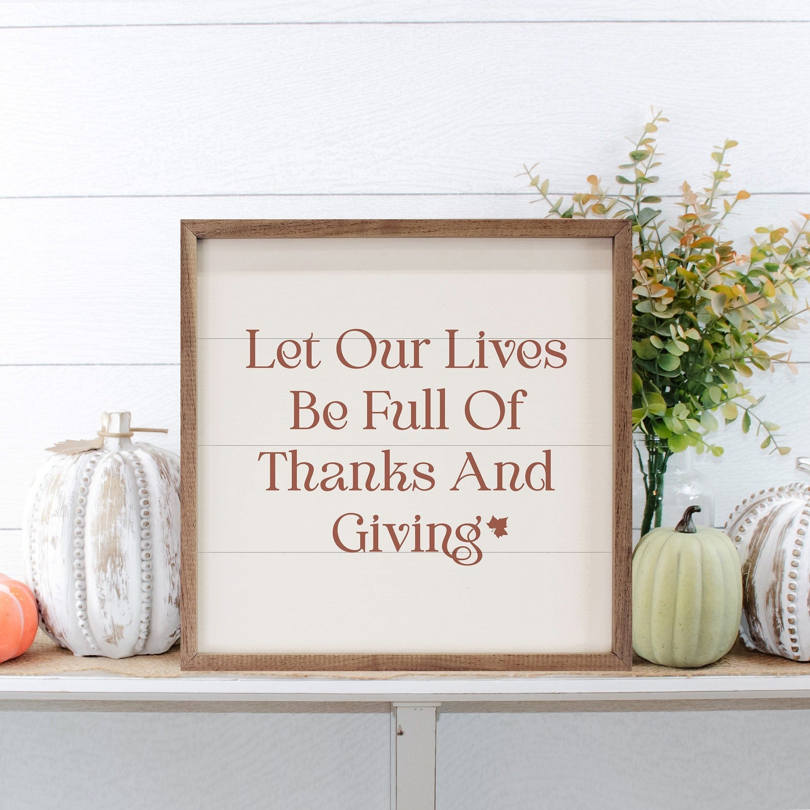 Kendrick Home Walnut Frames 4x4 Thanks And Giving Leaf White Printed and Framed Wall Sign