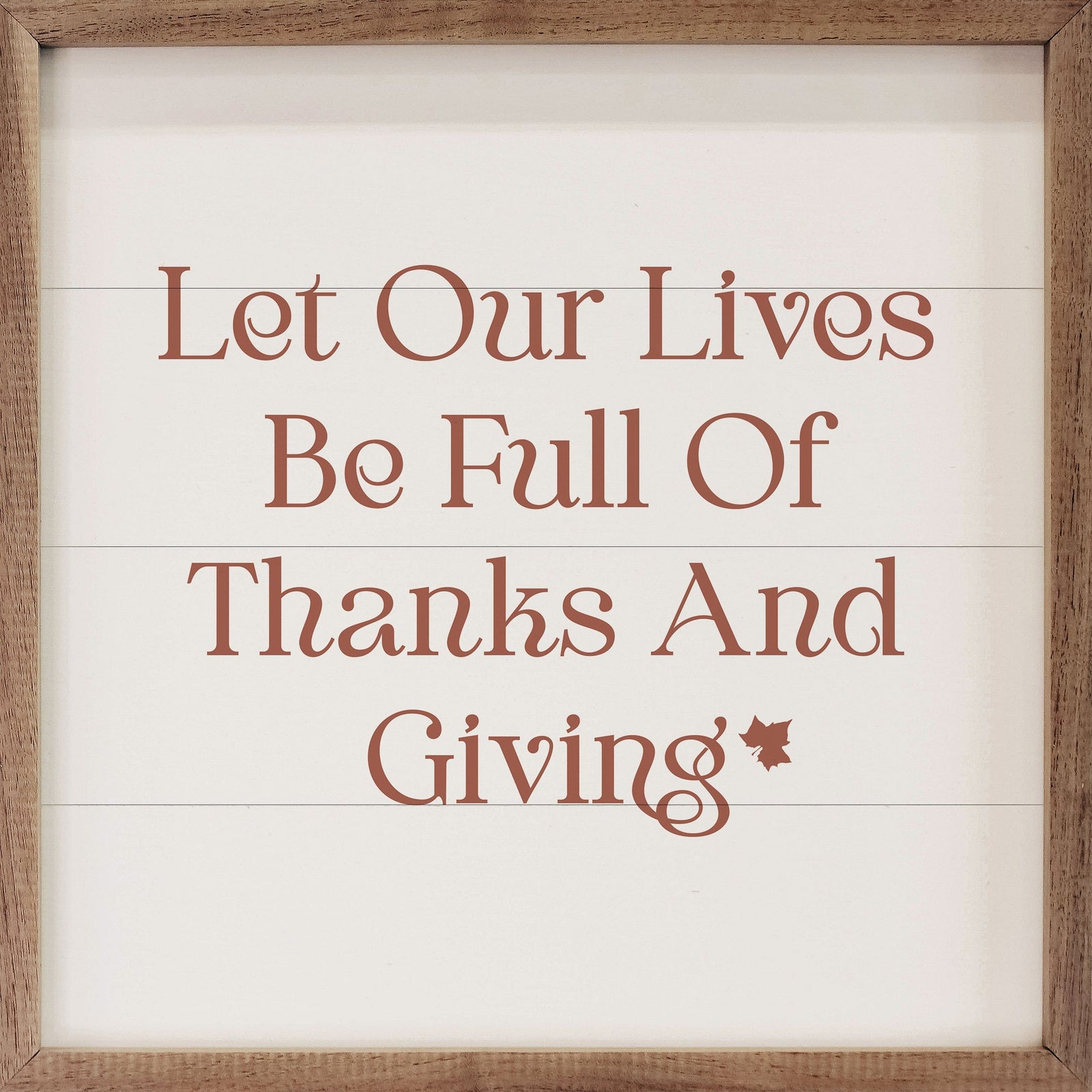 Kendrick Home Walnut Frames 4x4 Thanks And Giving Leaf White Printed and Framed Wall Sign
