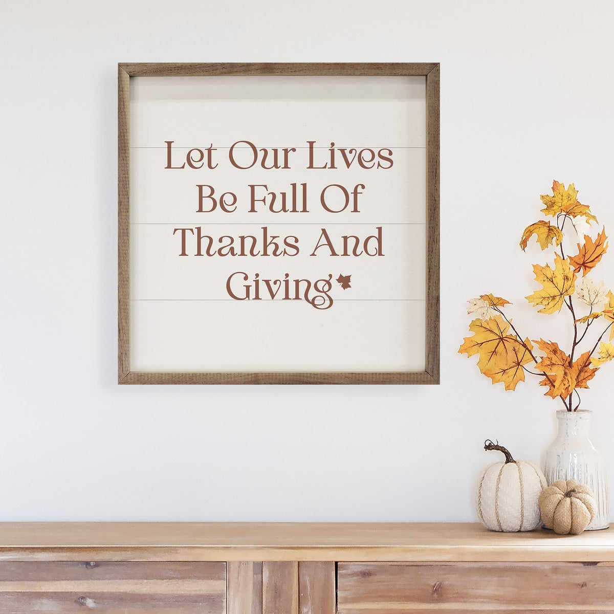 Kendrick Home Walnut Frames Thanks And Giving Leaf White Printed and Framed Wall Sign
