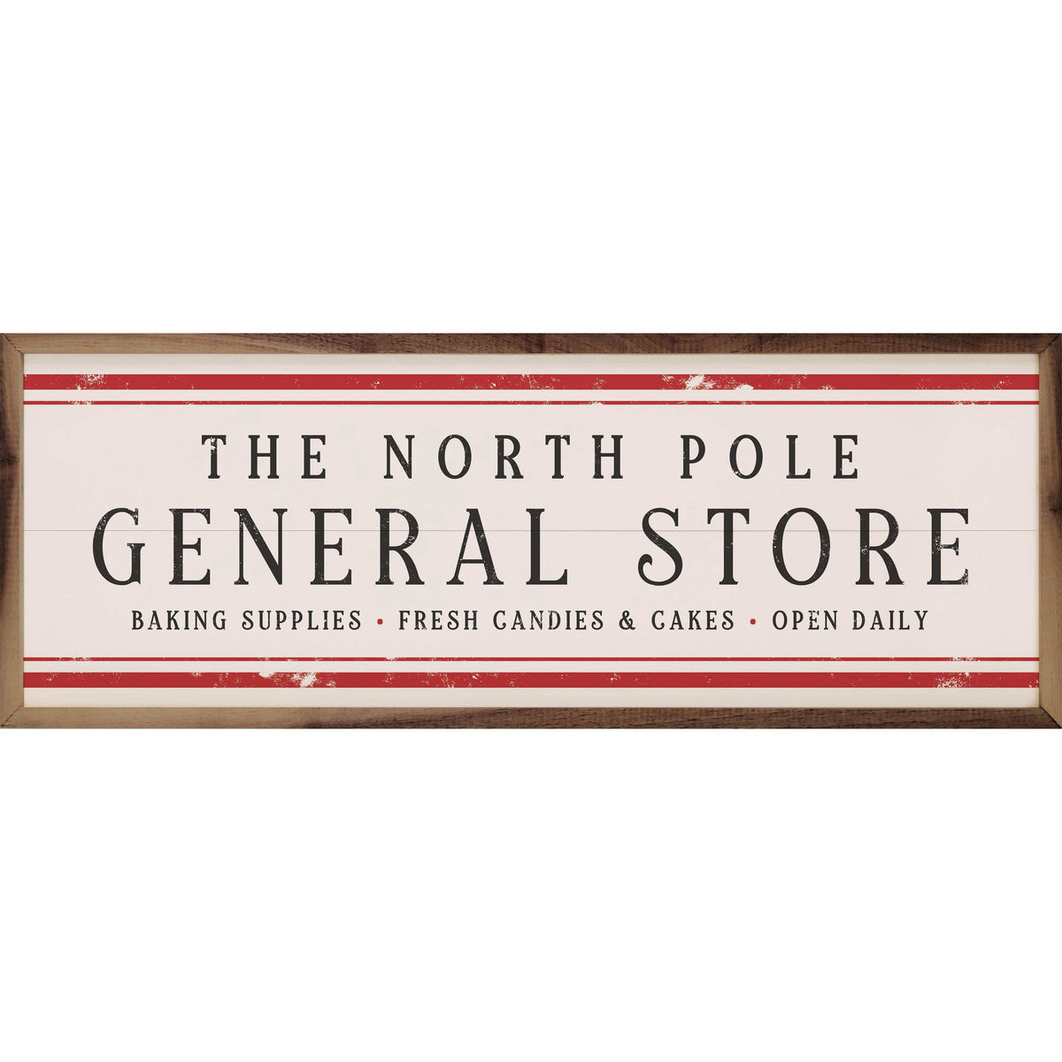 Kendrick Home Walnut Frames 12x4 The North Pole General Store  Stripe White Printed and Framed Wall Sign