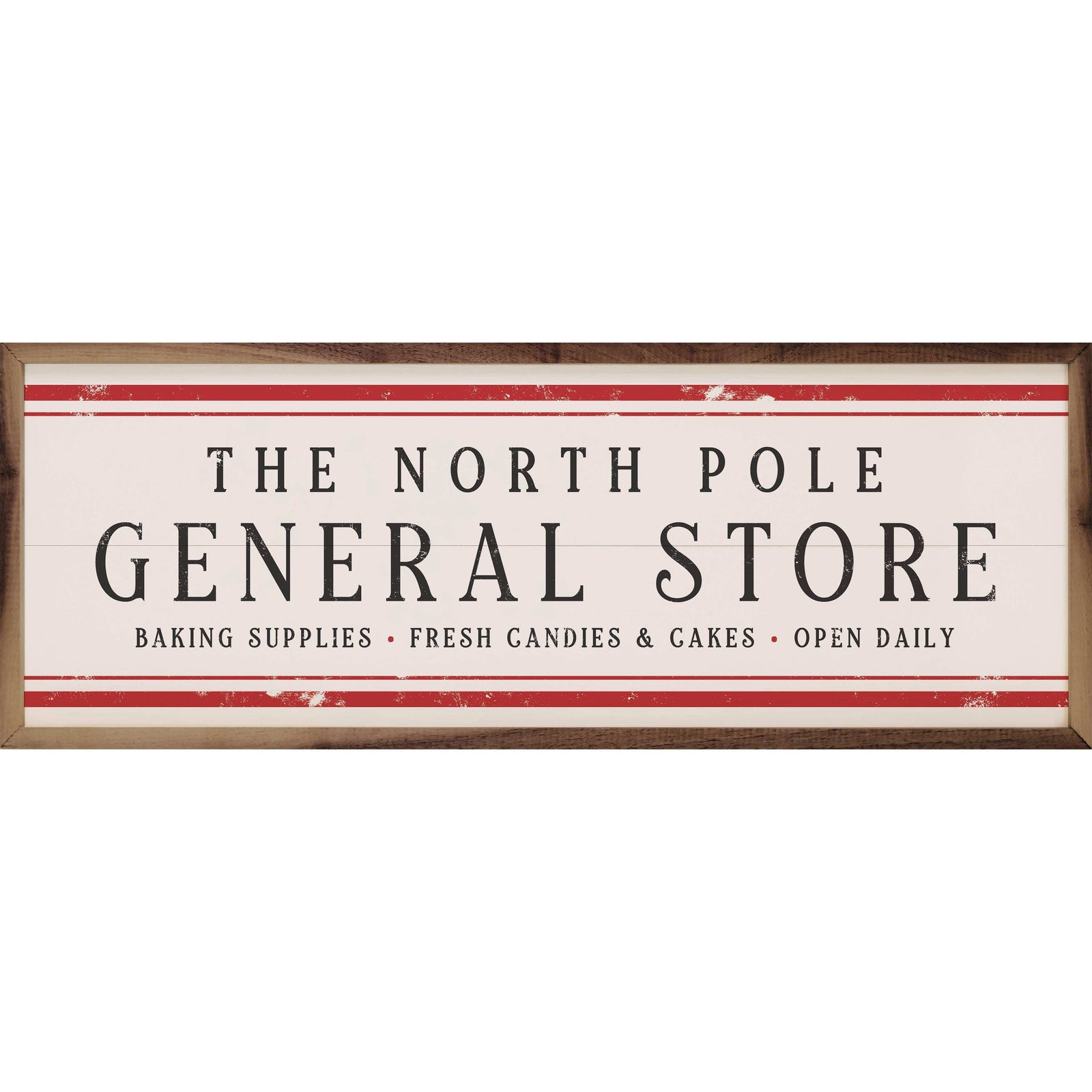 Kendrick Home Walnut Frames 12x4 The North Pole General Store  Stripe White Printed and Framed Wall Sign
