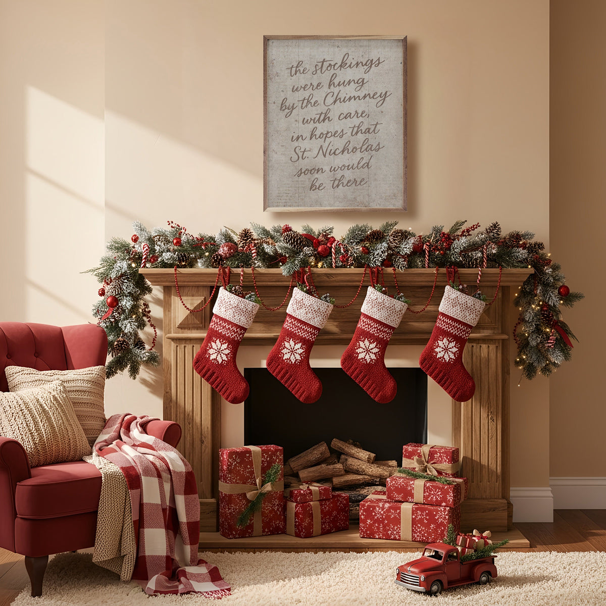 Kendrick Home Walnut Frames The Stockings Were Hung Printed and Framed Wall Sign