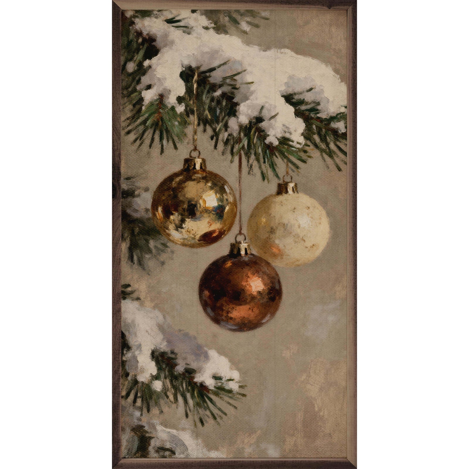 Kendrick Home Walnut Frames 8x16 Three Gold And Brown Ornaments Printed and Framed Wall Sign