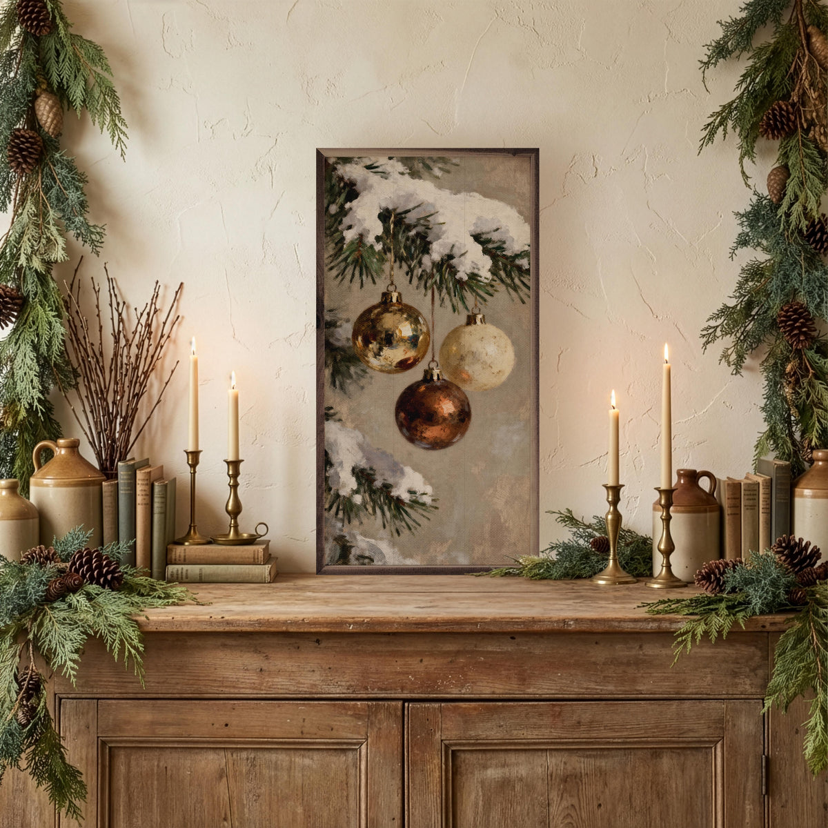 Kendrick Home Walnut Frames Three Gold And Brown Ornaments Printed and Framed Wall Sign