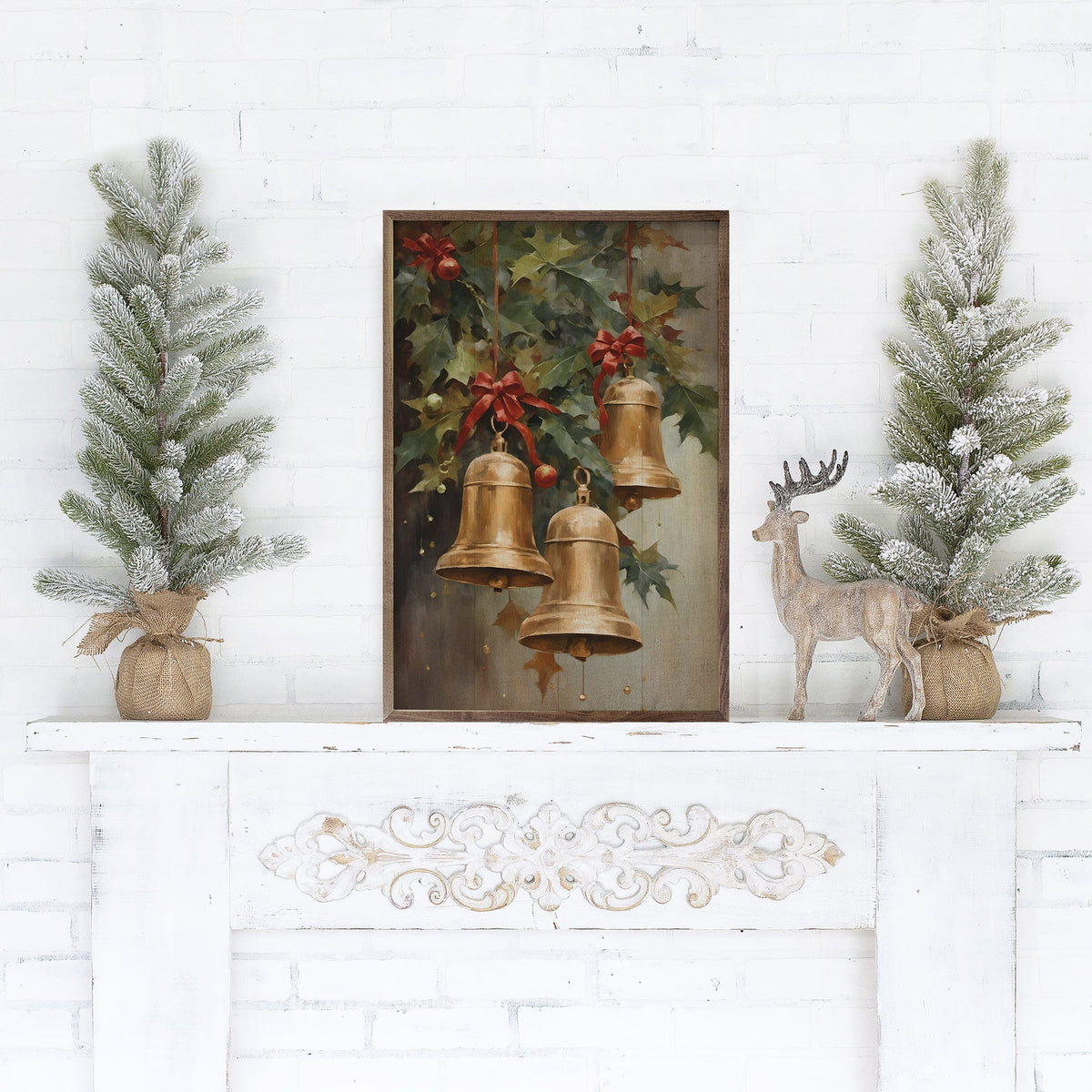 Kendrick Home Walnut Frames Three Golden Bells Printed and Framed Wall Sign