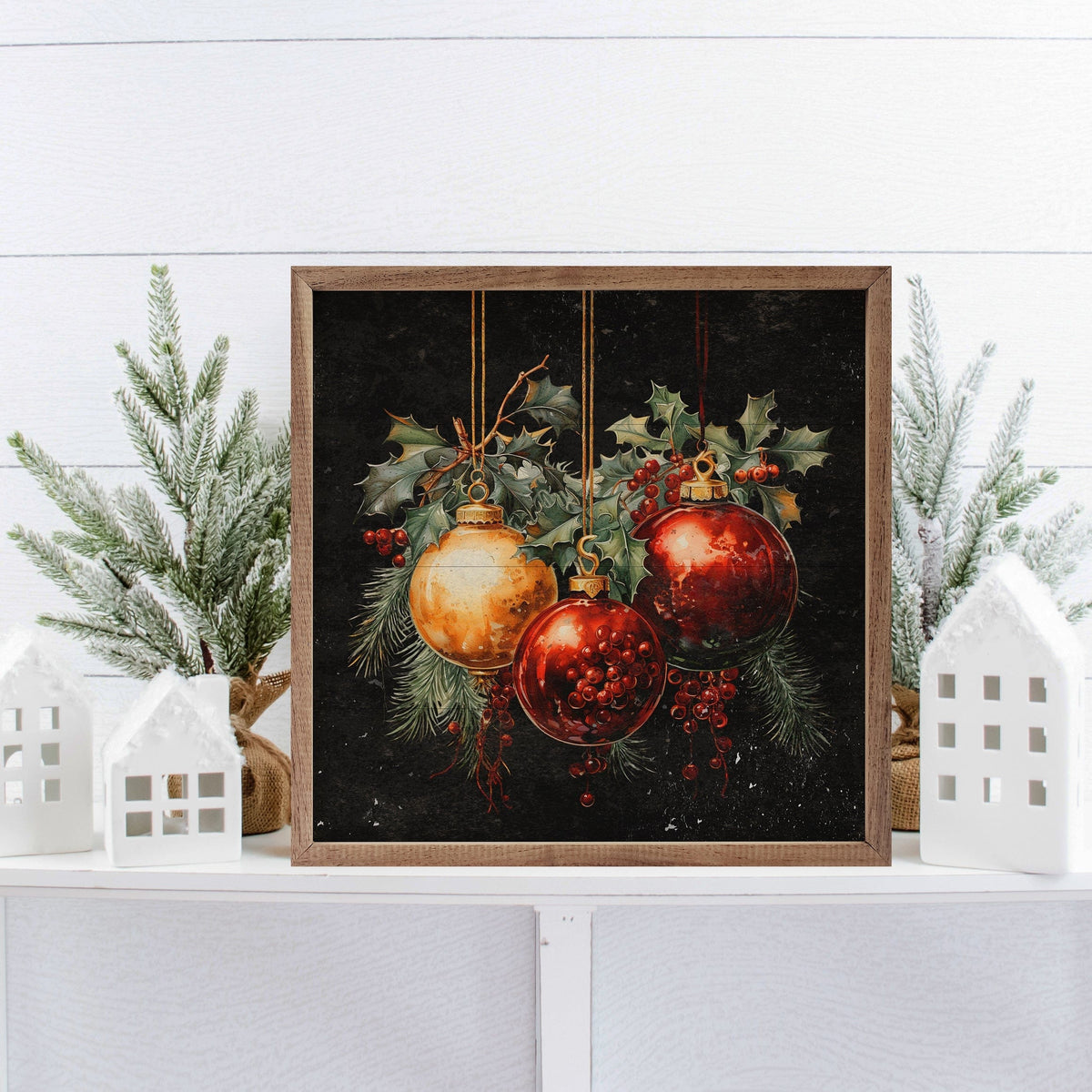 Kendrick Home Walnut Frames Three Ornaments With Holly Black Printed and Framed Wall Sign