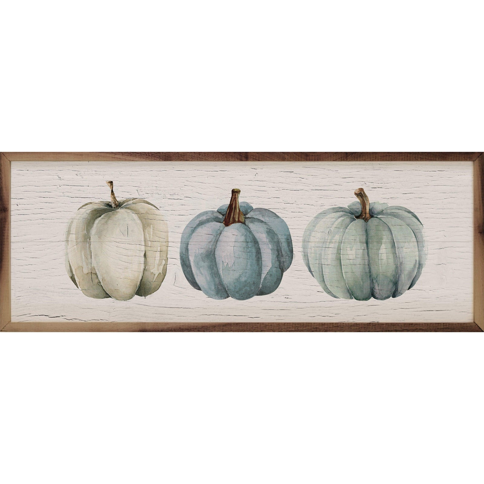 Kendrick Home Walnut Frames 12x4 Three Pumpkins Blue Whitewash Printed and Framed Wall Sign