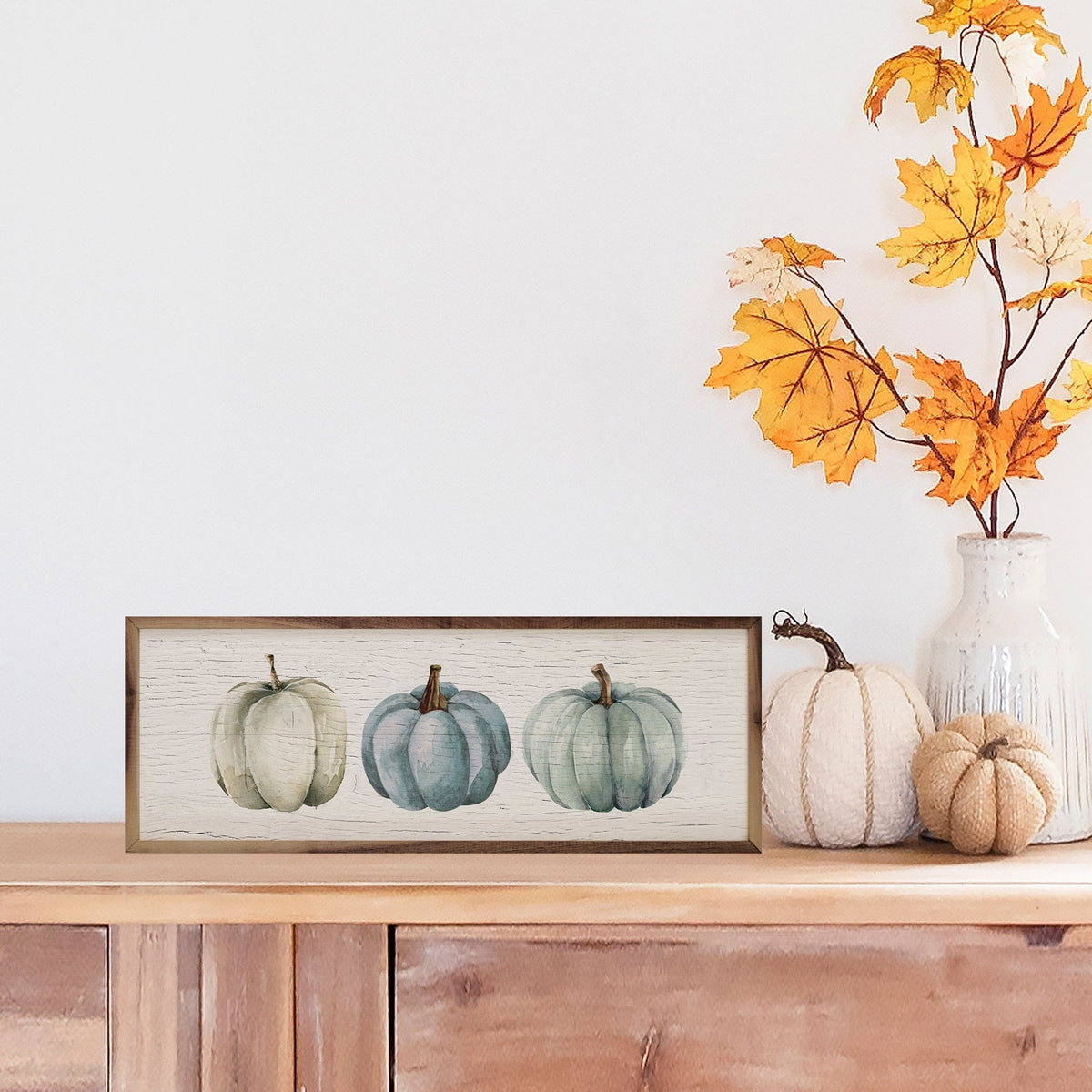 Kendrick Home Walnut Frames Three Pumpkins Blue Whitewash Printed and Framed Wall Sign