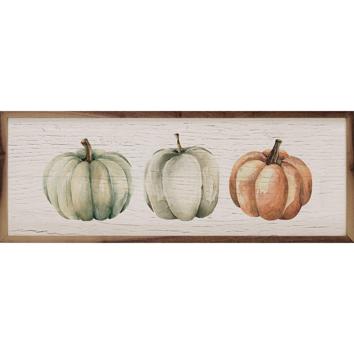 Kendrick Home Walnut Frames 12x4 Three Pumpkins Orange Whitewash Printed and Framed Wall Sign