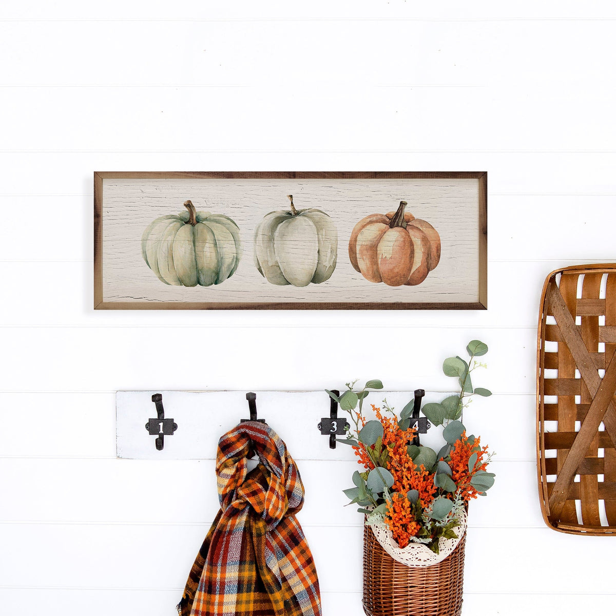 Kendrick Home Walnut Frames Three Pumpkins Orange Whitewash Printed and Framed Wall Sign