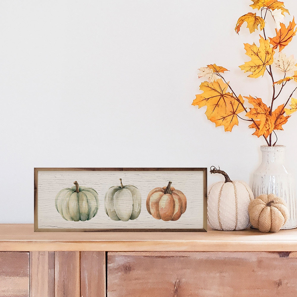 Kendrick Home Walnut Frames Three Pumpkins Orange Whitewash Printed and Framed Wall Sign