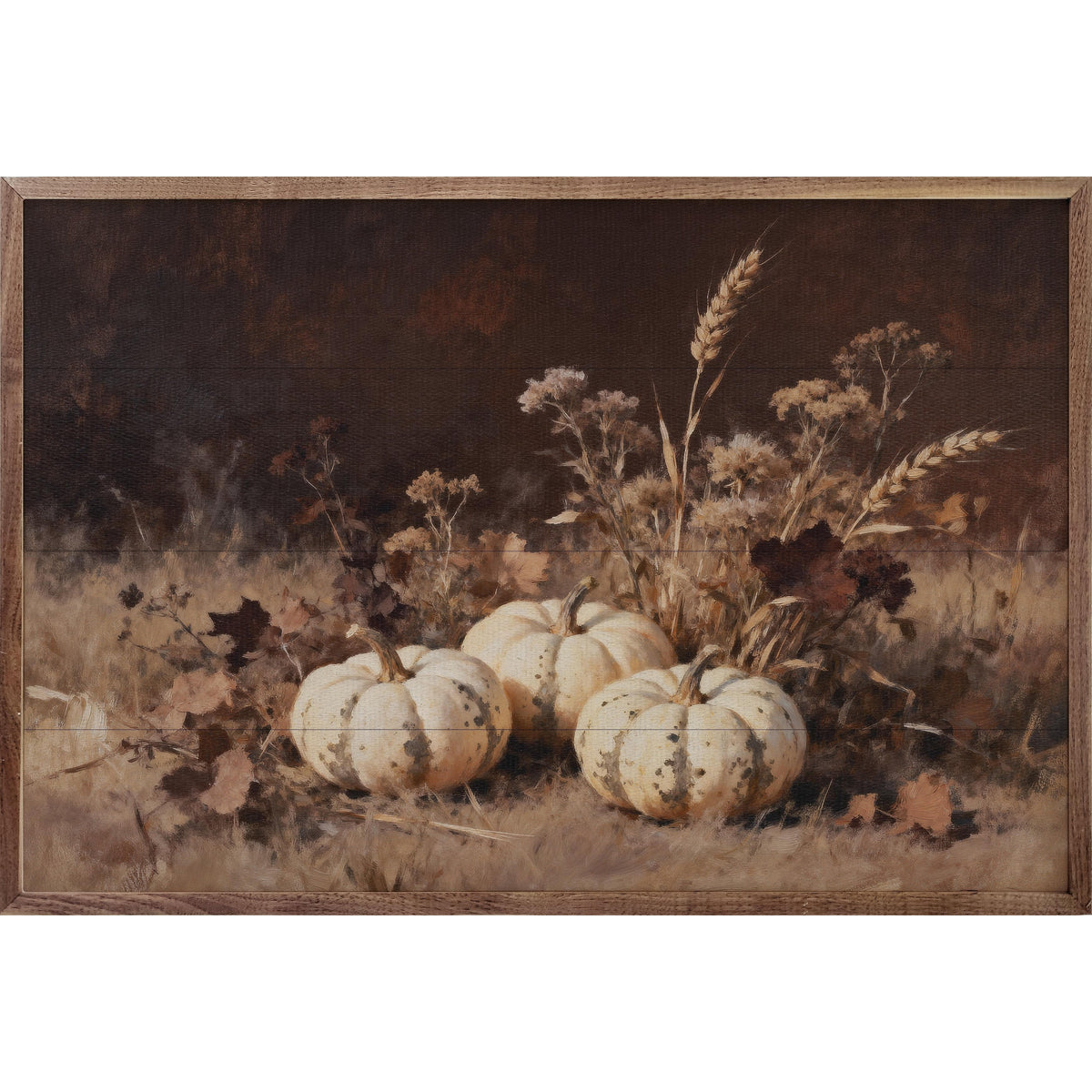 Kendrick Home Walnut Frames 8x5 Three White Pumpkins In Grass Printed and Framed Wall Sign