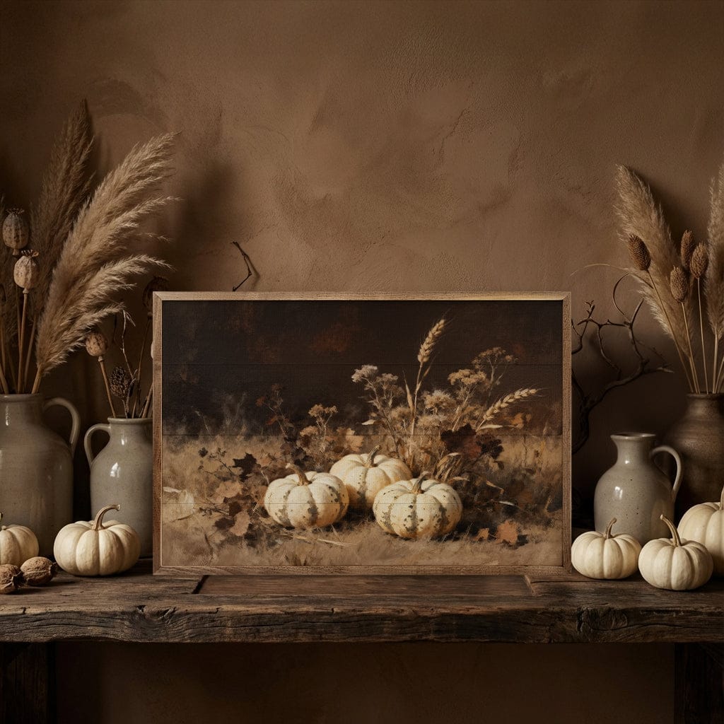 Kendrick Home Walnut Frames Three White Pumpkins In Grass Printed and Framed Wall Sign