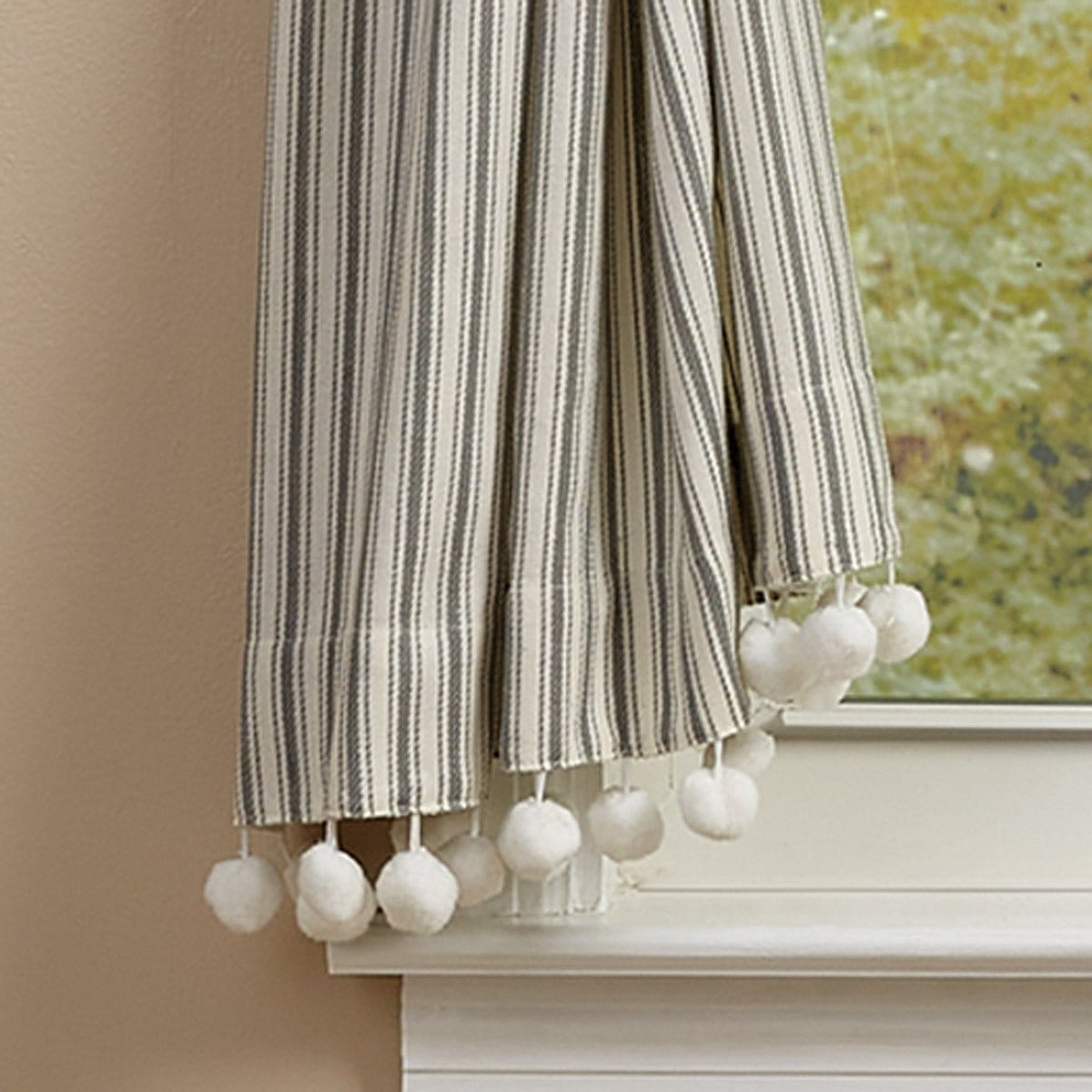 Ticking with Ball Fringe Panel Pair With Tie Backs 63" Long Unlined-Park Designs-The Village Merchant