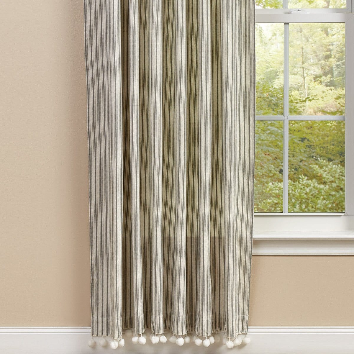 Ticking with Ball Fringe Panel - Single 84" Long Unlined-Park Designs-The Village Merchant