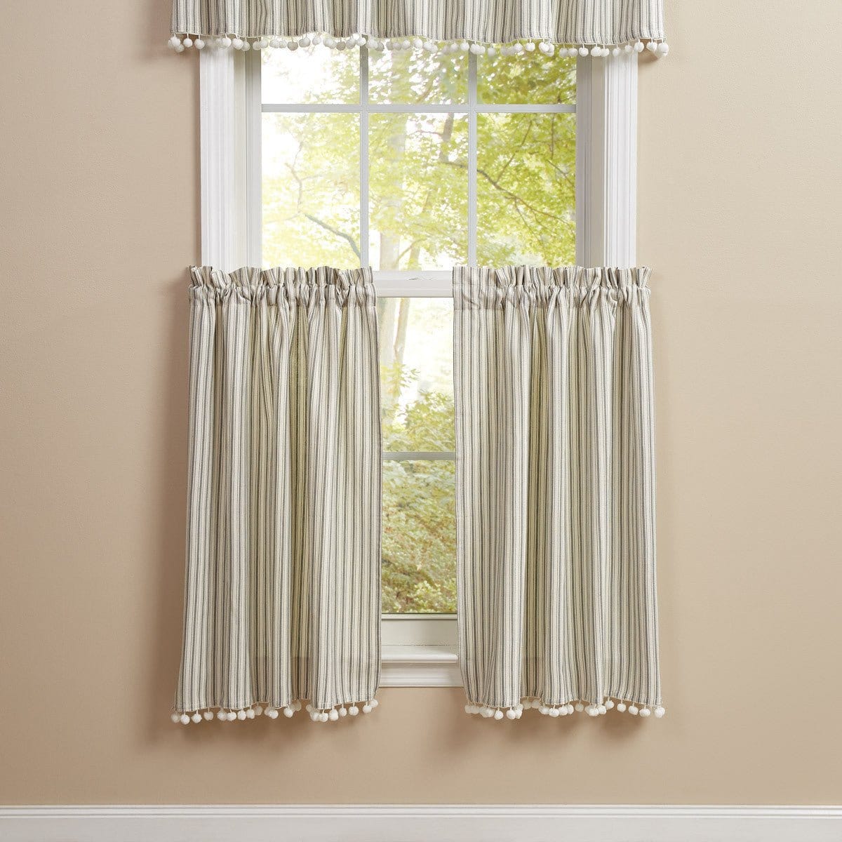 Ticking with Ball Fringe Tier Pair 36&quot; Long Unlined-Park Designs-The Village Merchant