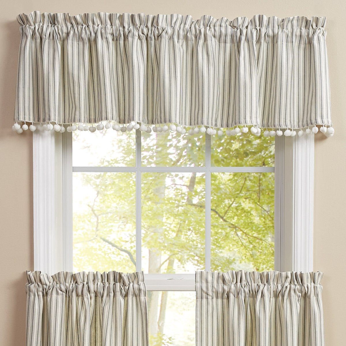 Ticking with Ball Fringe Valance Unlined-Park Designs-The Village Merchant