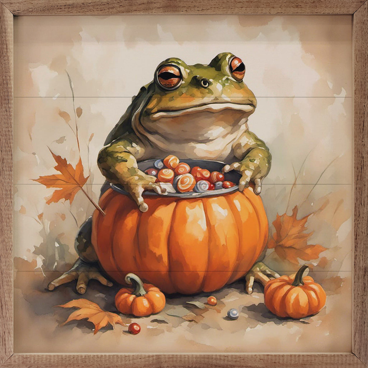 Kendrick Home Walnut Frames 4x4 Toad In Pumpkin Printed and Framed Wall Sign