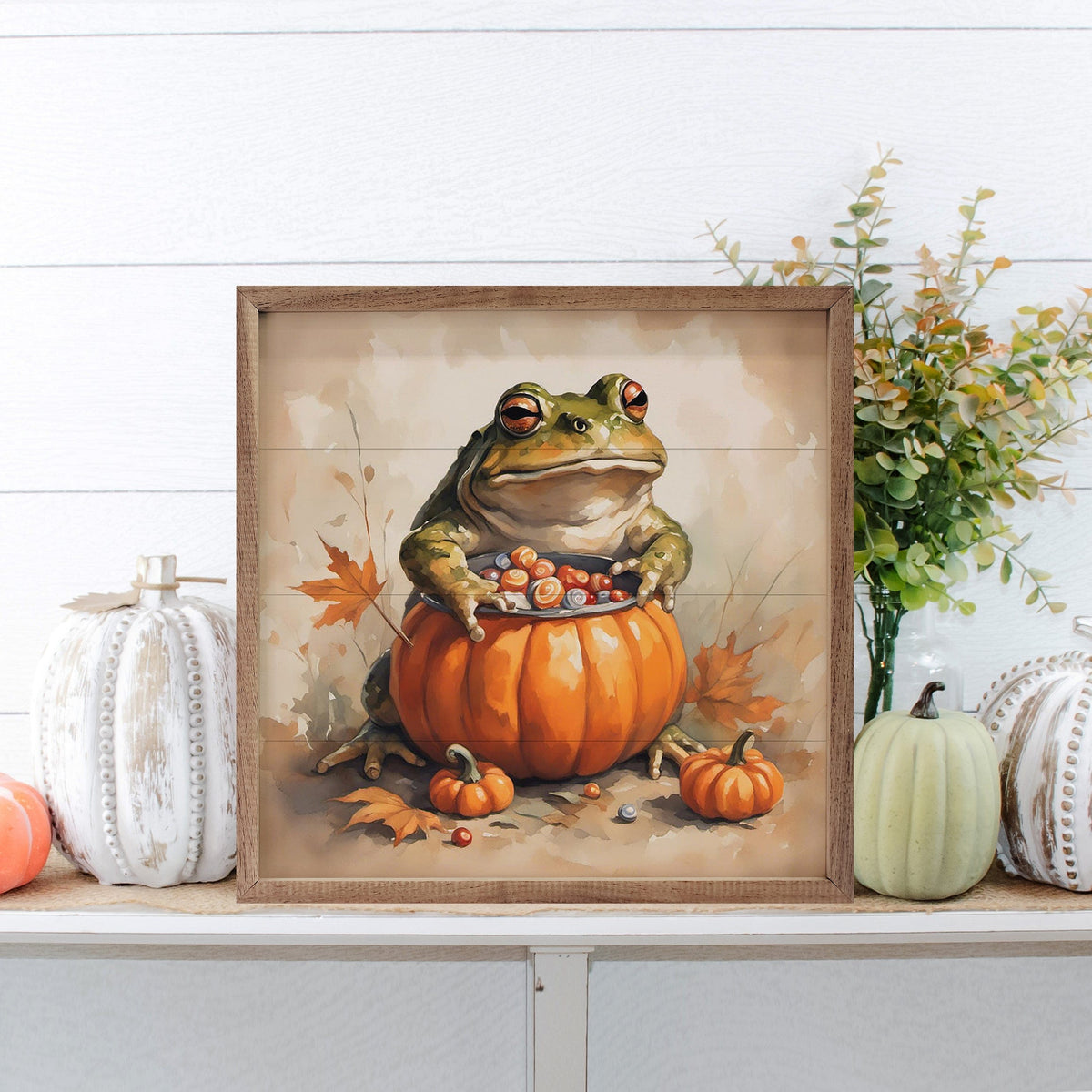 Kendrick Home Walnut Frames Toad In Pumpkin Printed and Framed Wall Sign