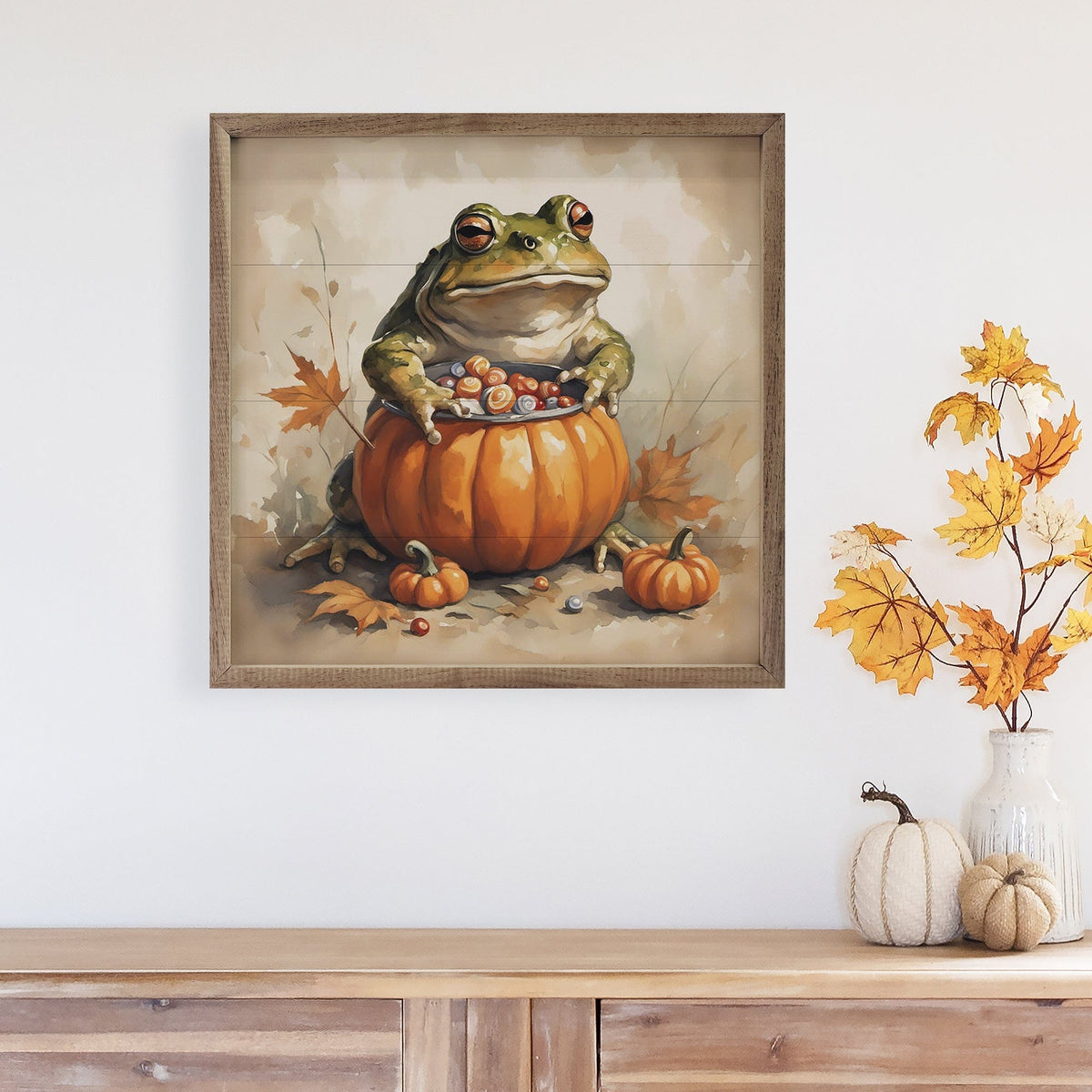 Kendrick Home Walnut Frames Toad In Pumpkin Printed and Framed Wall Sign
