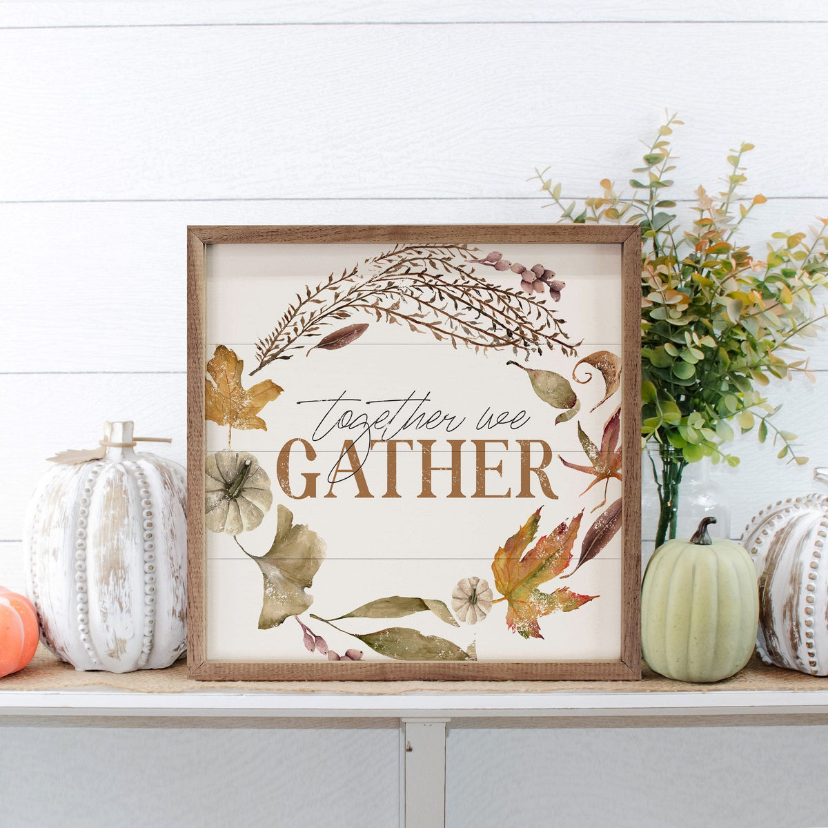 Kendrick Home Walnut Frames Together We Gather Wreath White Printed and Framed Wall Sign