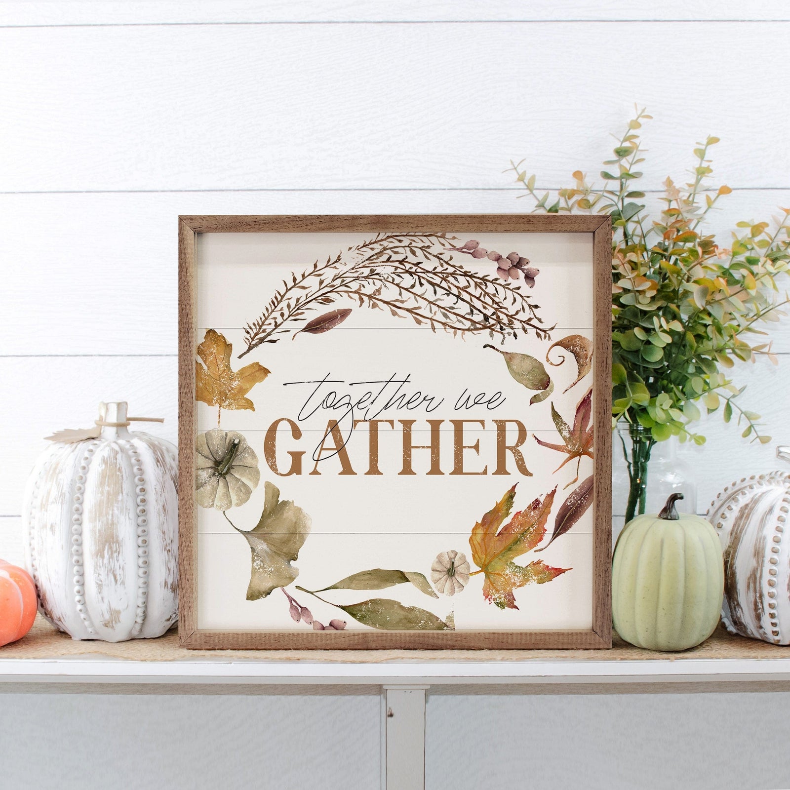 Kendrick Home Walnut Frames 4x4 Together We Gather Wreath White Printed and Framed Wall Sign