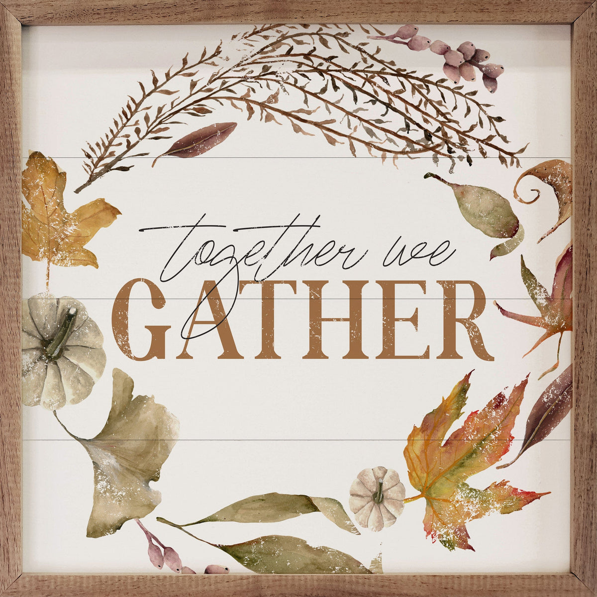 Kendrick Home Walnut Frames 4x4 Together We Gather Wreath White Printed and Framed Wall Sign