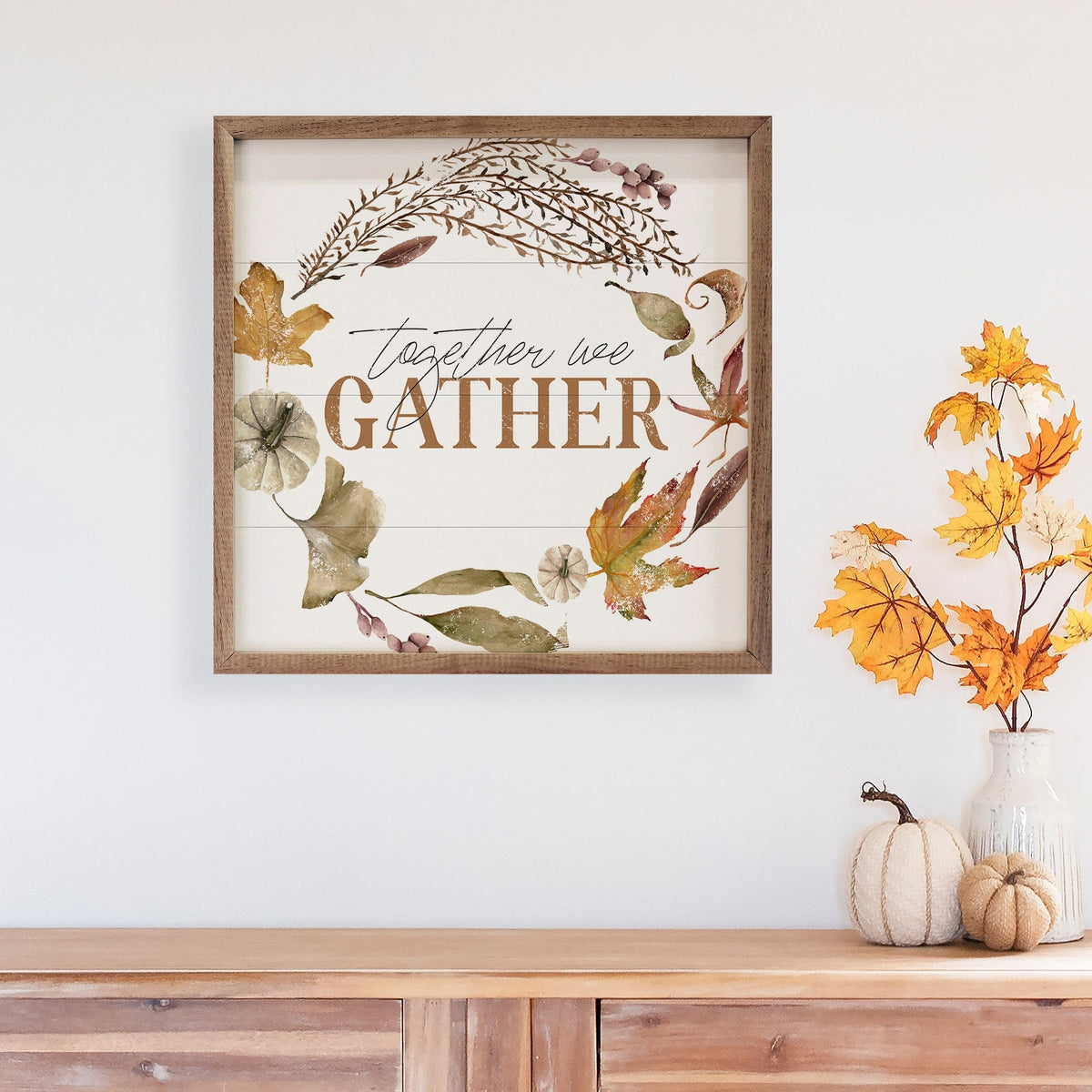 Kendrick Home Walnut Frames Together We Gather Wreath White Printed and Framed Wall Sign