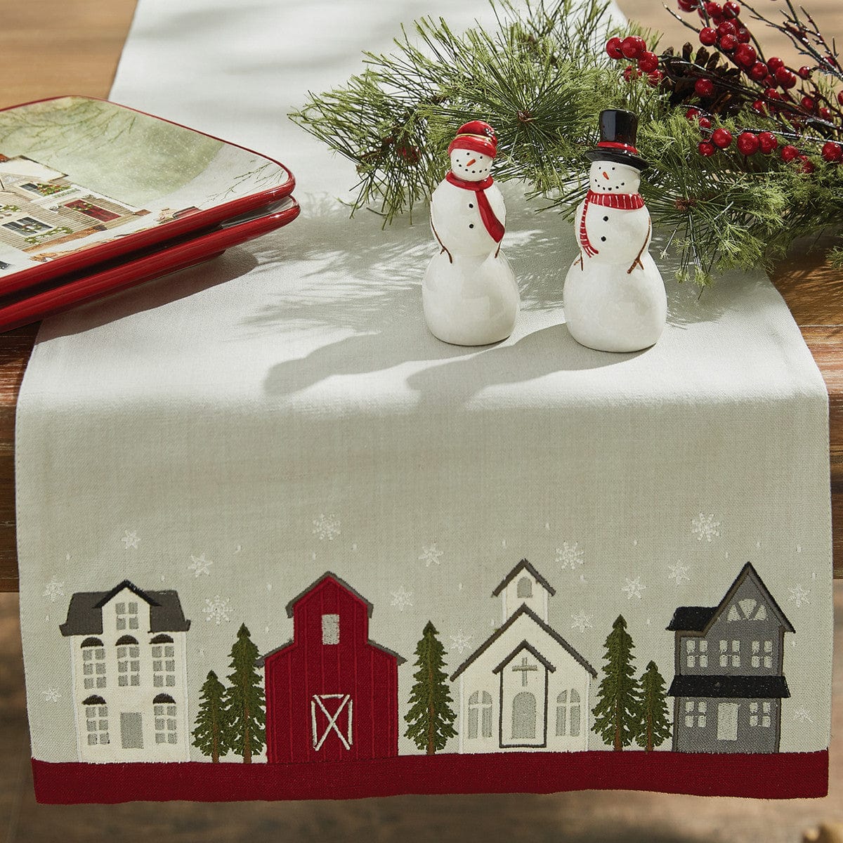 Town Square Appliqued &amp; Embroidered Village Table Runner 42&quot; Long-Park Designs-The Village Merchant