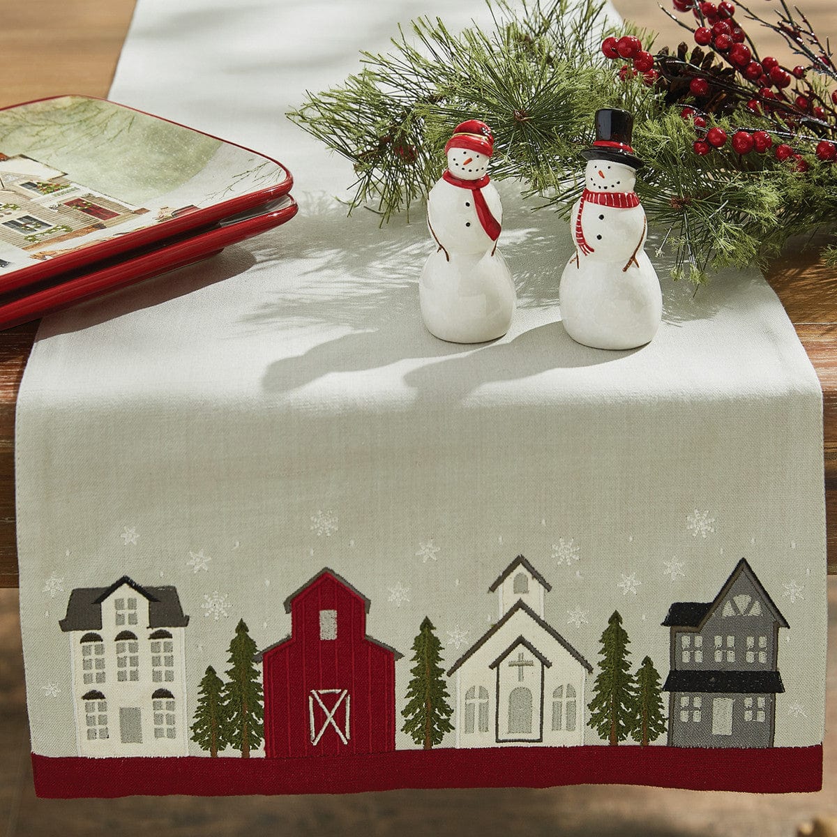 Town Square Appliqued & Embroidered Village Table Runner 42" Long-Park Designs-The Village Merchant