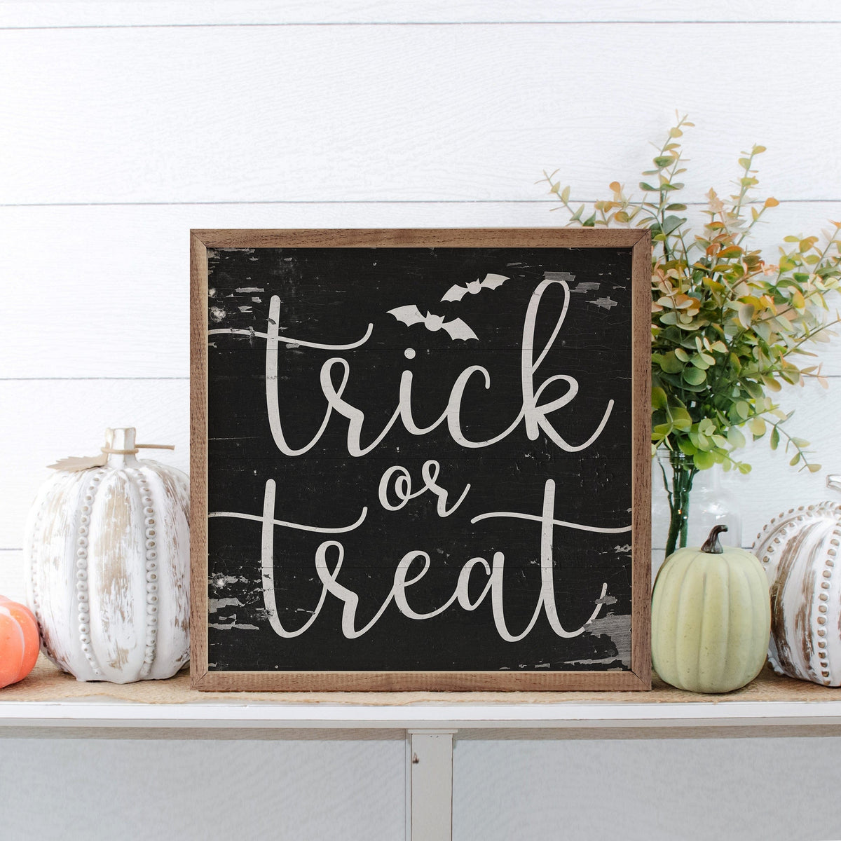 Kendrick Home Walnut Frames Trick Or Treat Bats Black Printed and Framed Wall Sign