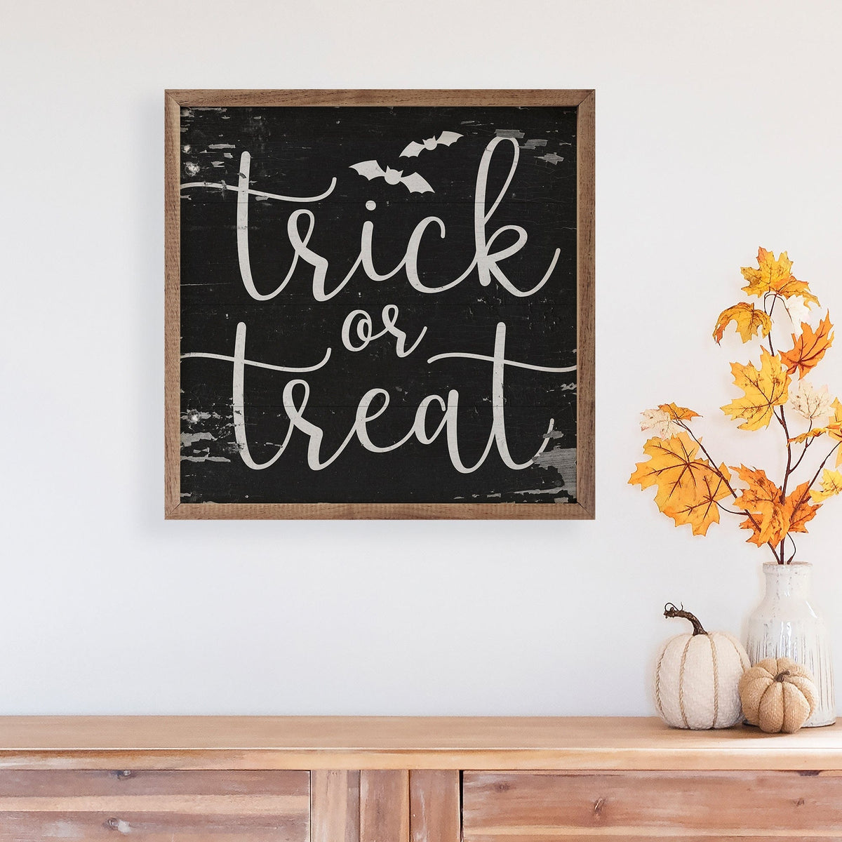 Kendrick Home Walnut Frames Trick Or Treat Bats Black Printed and Framed Wall Sign