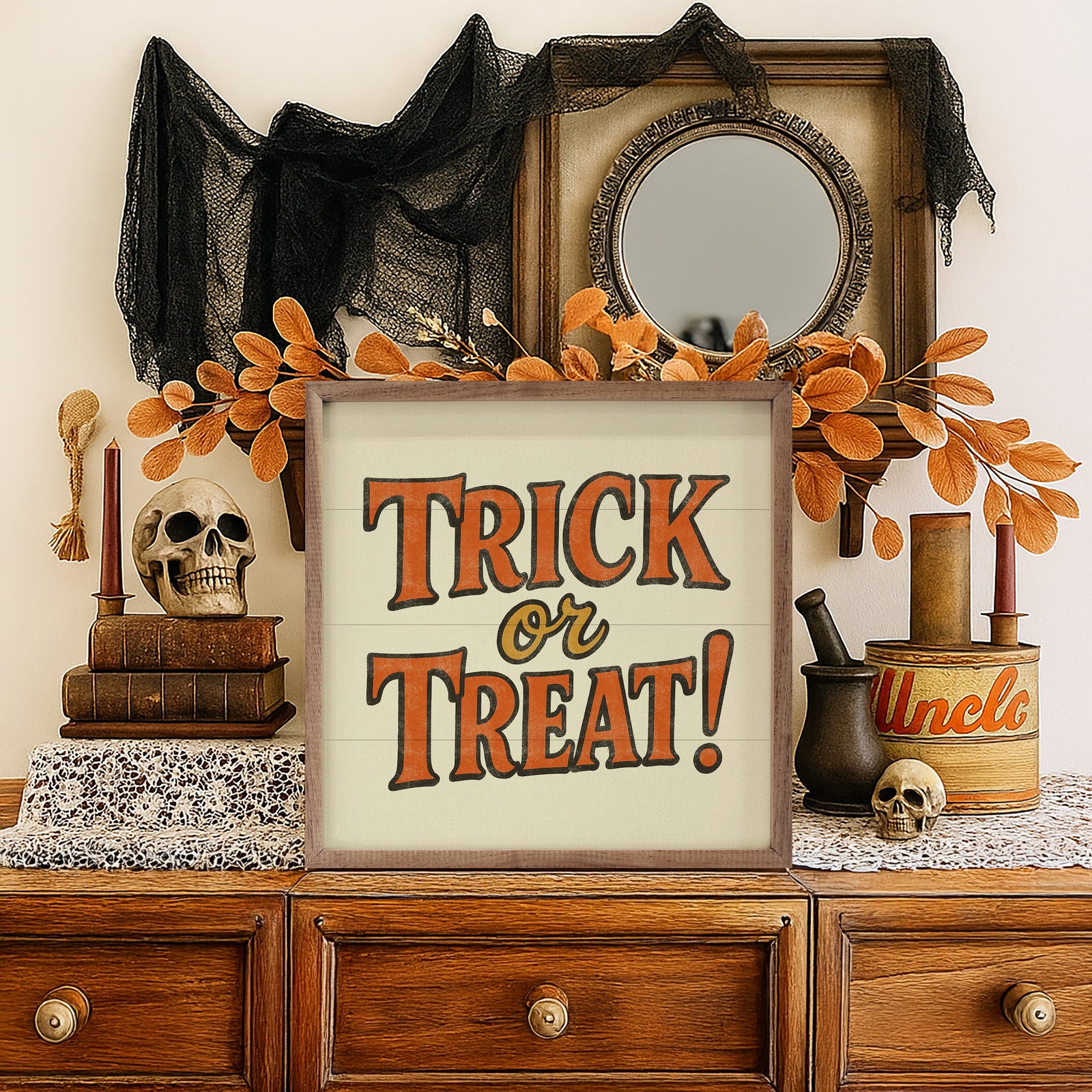 Kendrick Home Walnut Frames 4x4 Trick Or Treat Printed and Framed Wall Sign